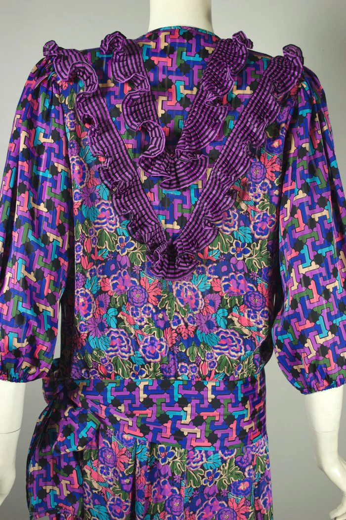 80s Two Piece Dress Purple Floral Stripe Print Ruffles By Diane Freis - Image 6