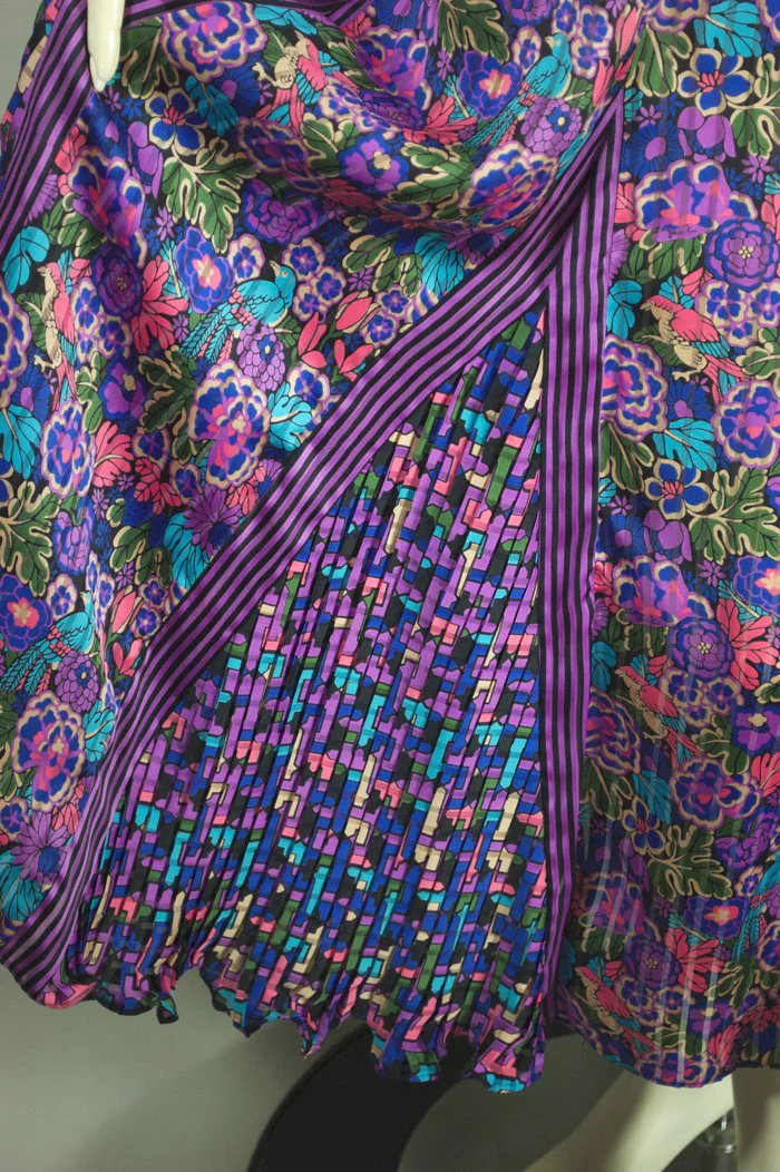 80s Two Piece Dress Purple Floral Stripe Print Ruffles By Diane Freis - Image 8