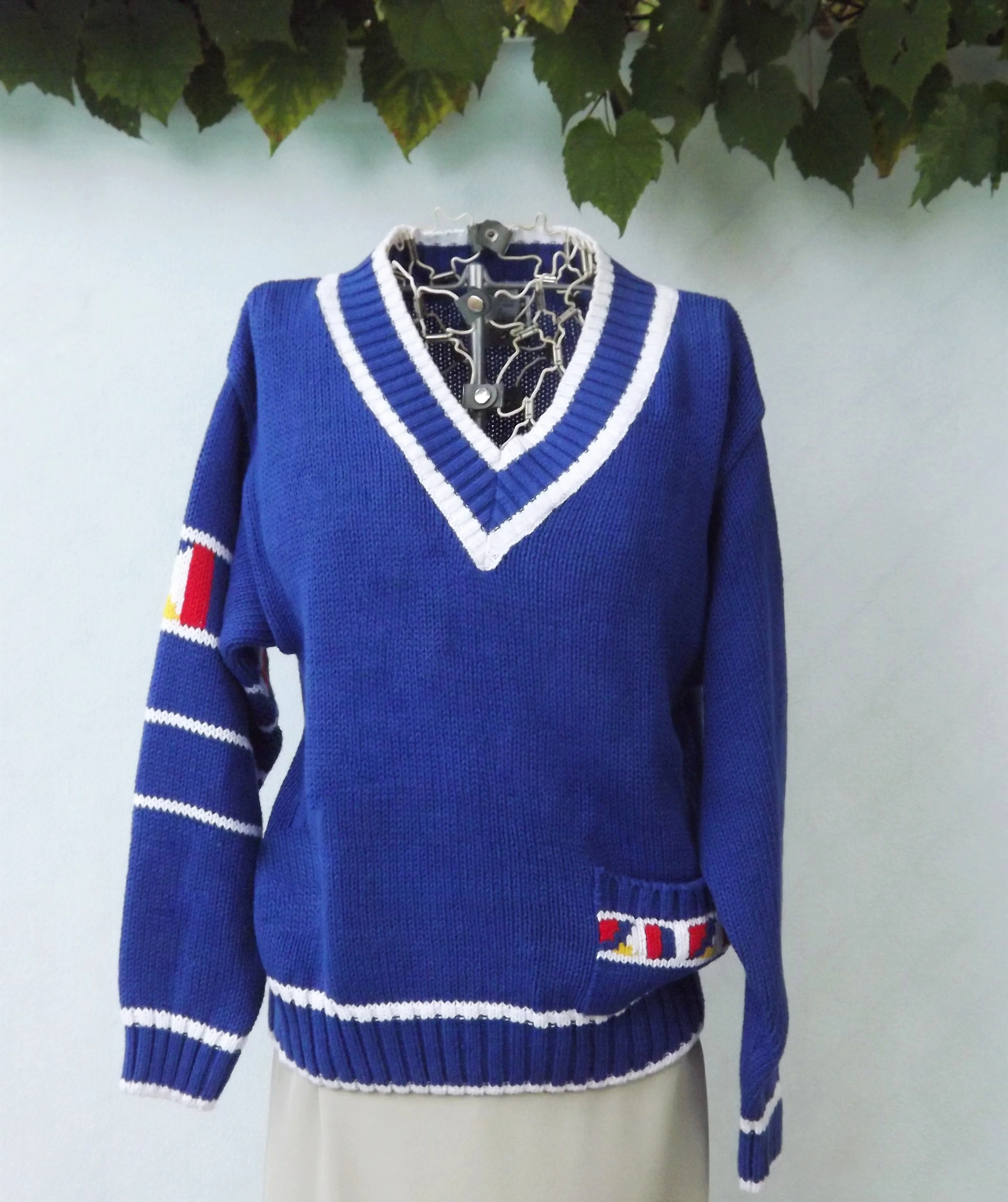 80s V-neck Blue Long Sleeve Nautical Sailing Sweater By Gina Peters - Image 3
