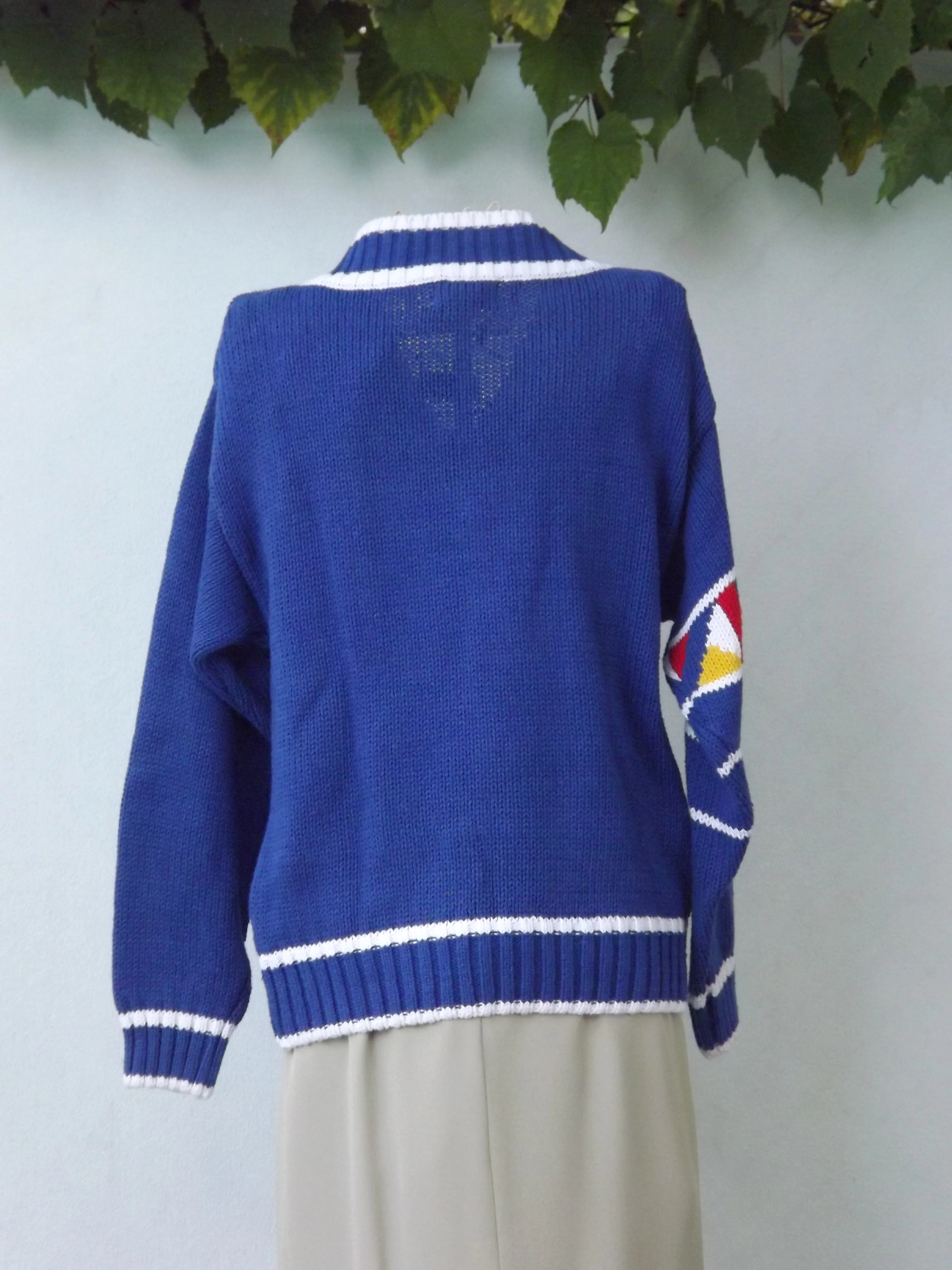 80s V-neck Blue Long Sleeve Nautical Sailing Sweater By Gina Peters - Image 4