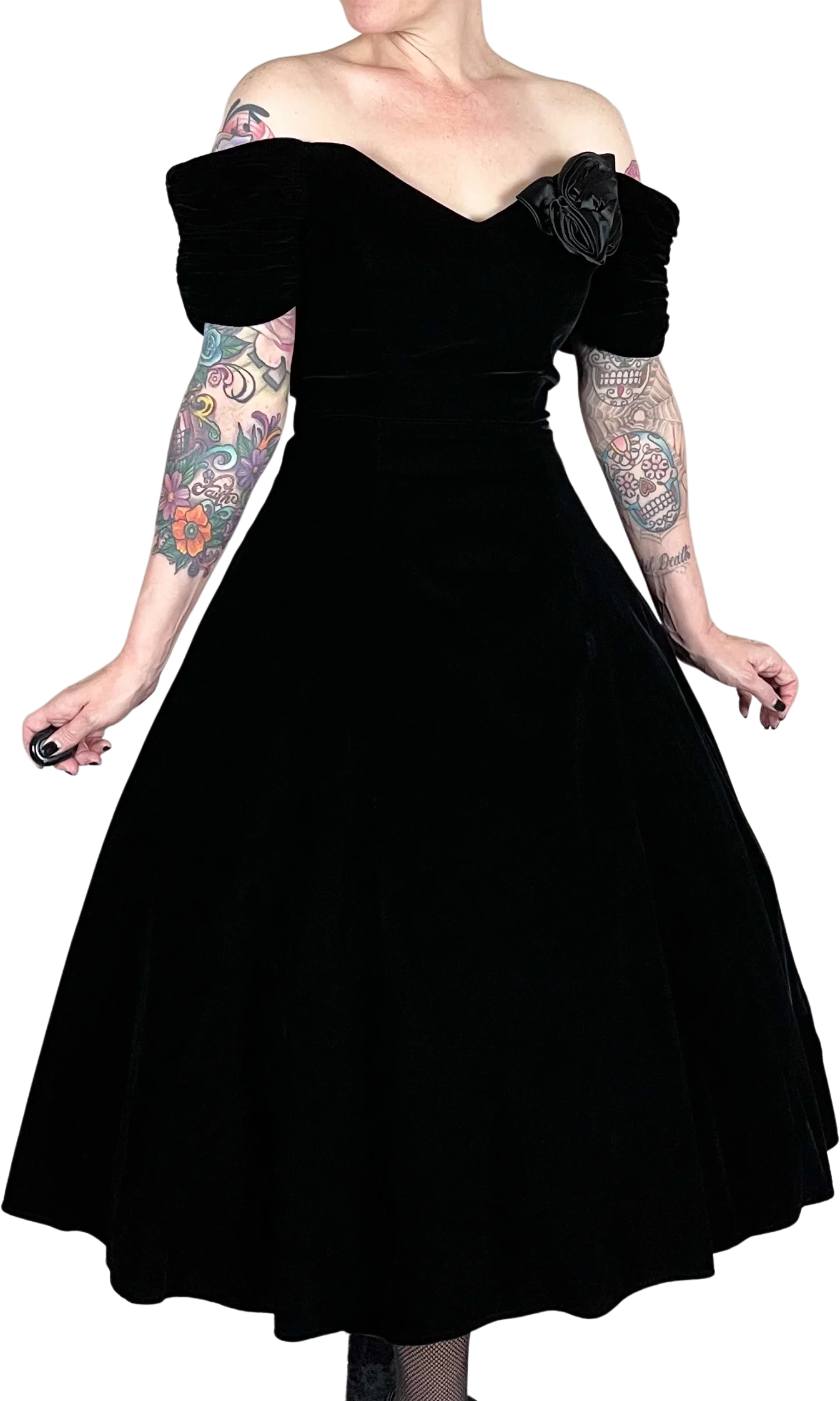80s Velvet Off The Shoulder Fit And Flare Midi Dress By Karen Lucas for Niki
