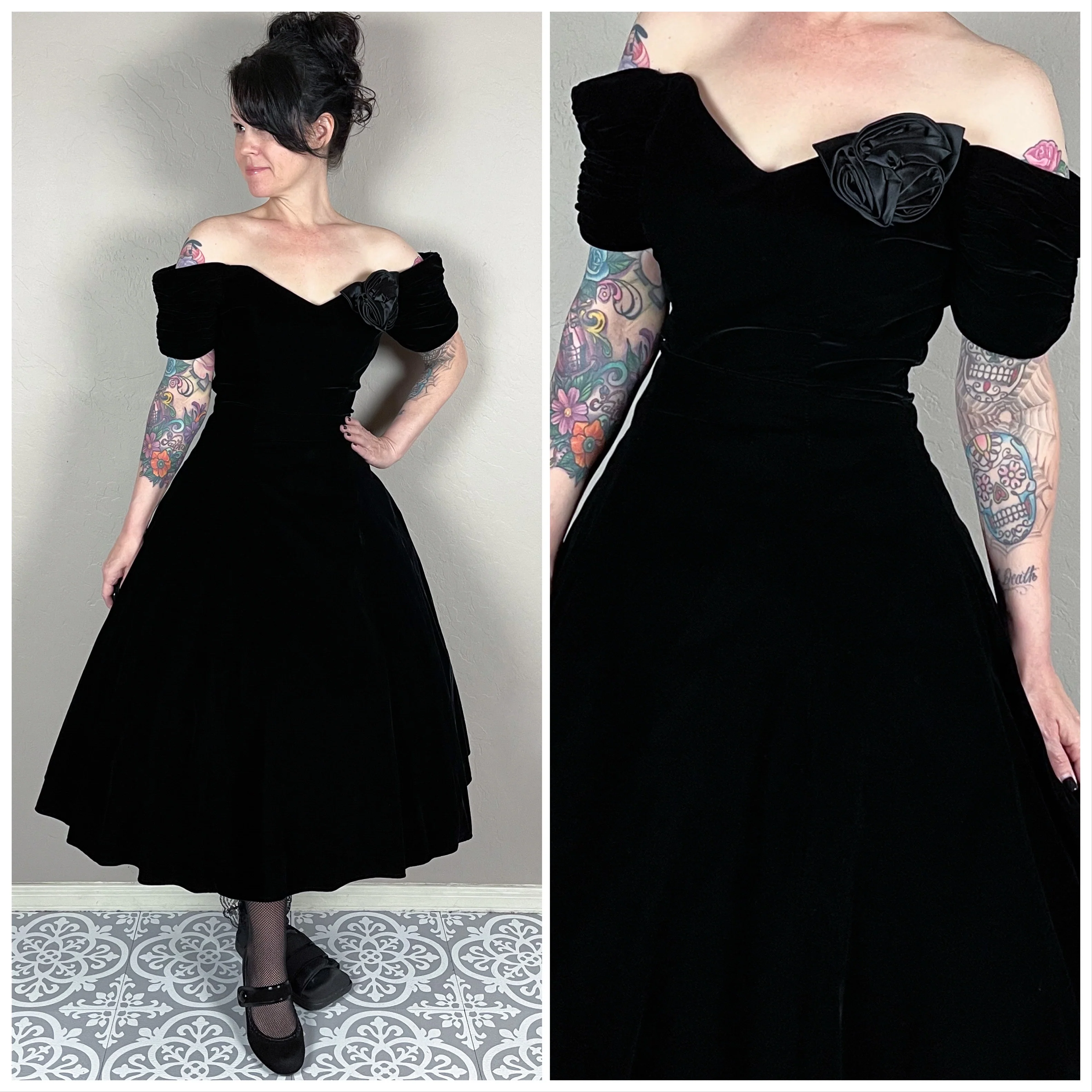 80s Velvet Off The Shoulder Fit And Flare Midi Dress By Karen Lucas for Niki - Image 2