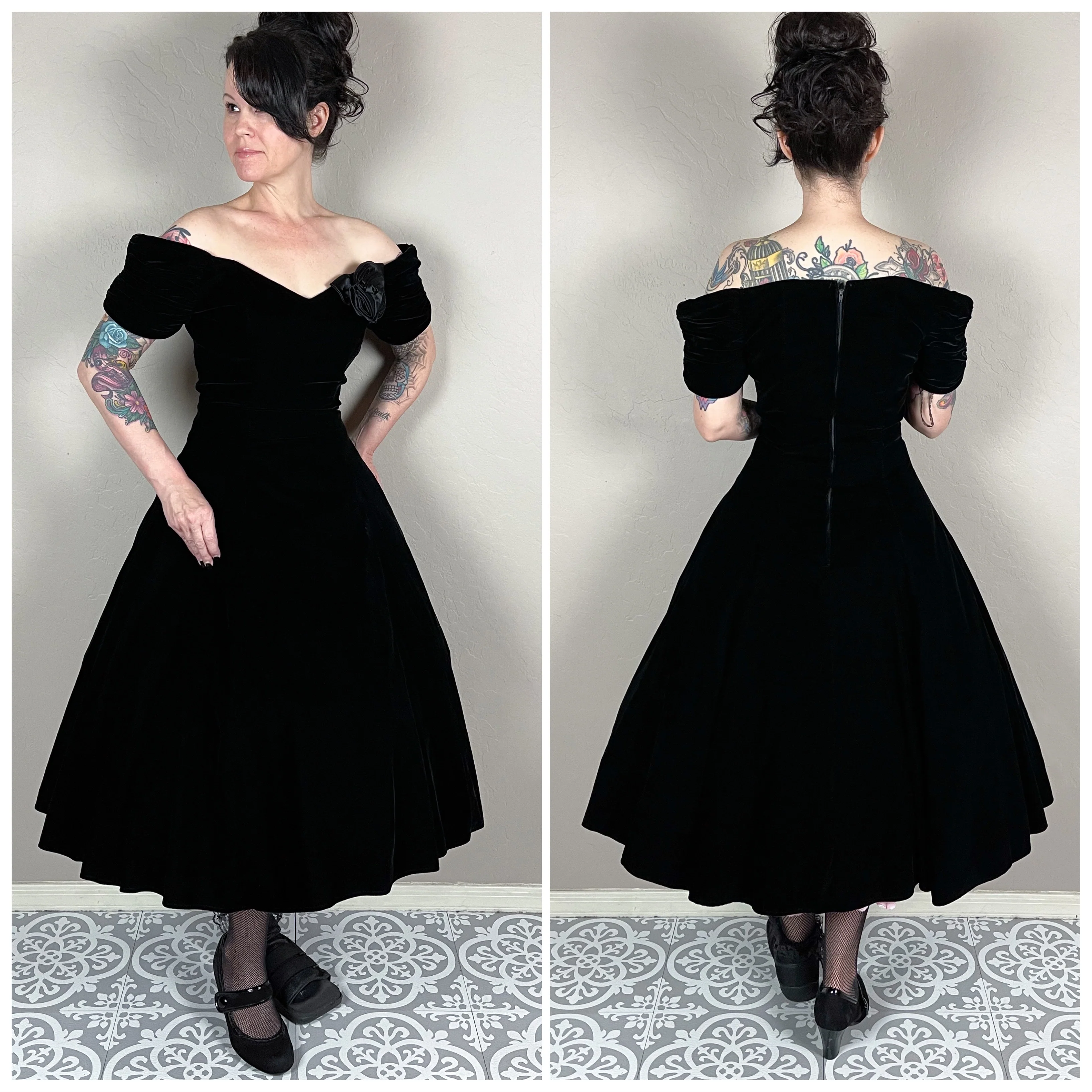 80s Velvet Off The Shoulder Fit And Flare Midi Dress By Karen Lucas for Niki - Image 4
