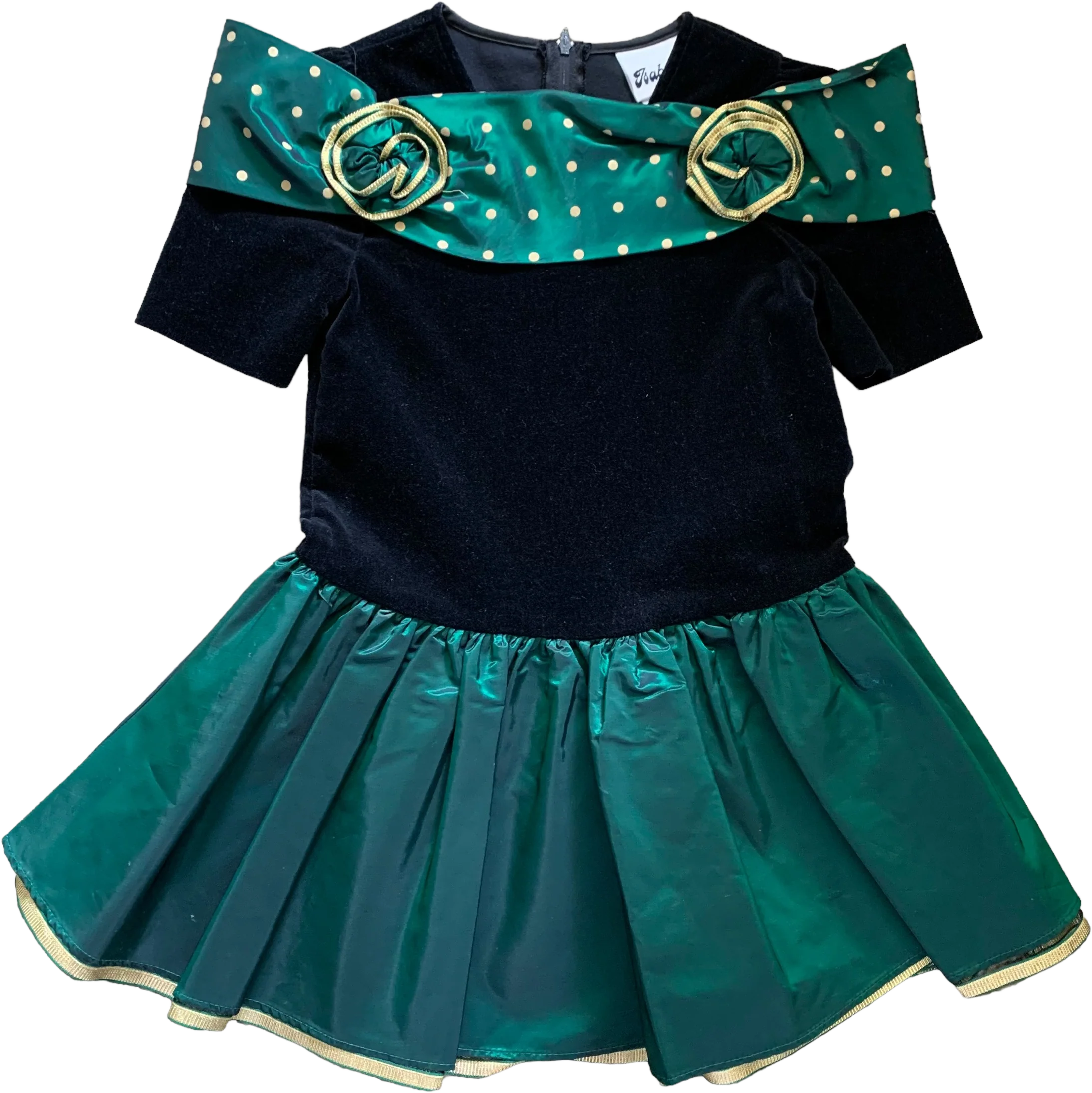 80s Velvet Tafetta Black Green Polka Dot Holiday Dress By Isabella
