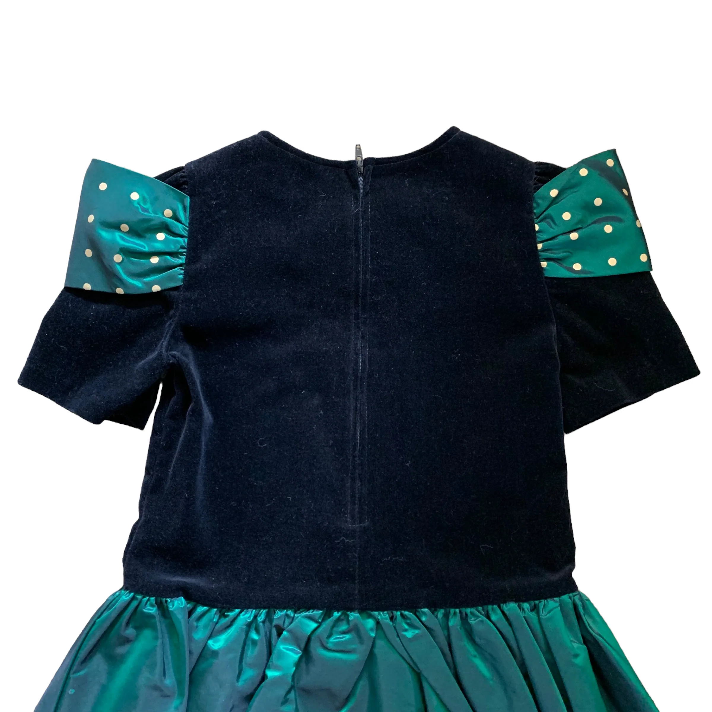 80s Velvet Tafetta Black Green Polka Dot Holiday Dress By Isabella - Image 5