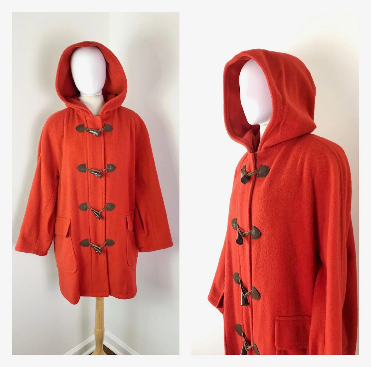 80s Vermilion Hooded Wool Duffle Coat By Talbots - Image 3