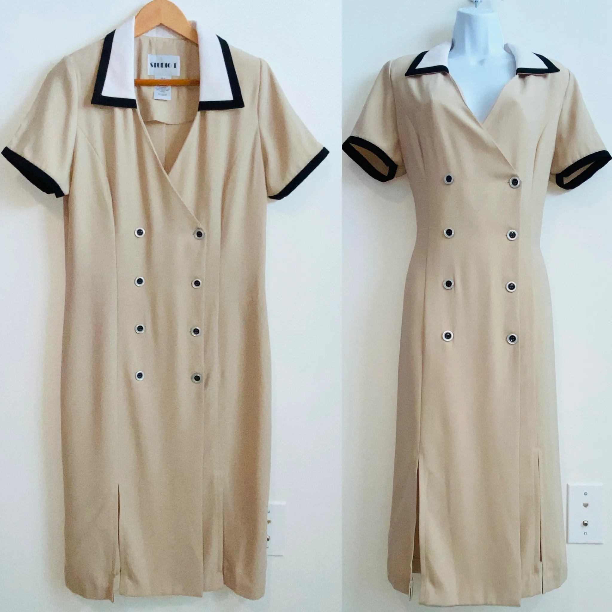 80s Versatile Wear Tan Shift Dress Contrasting Collar By Studio I - Image 11