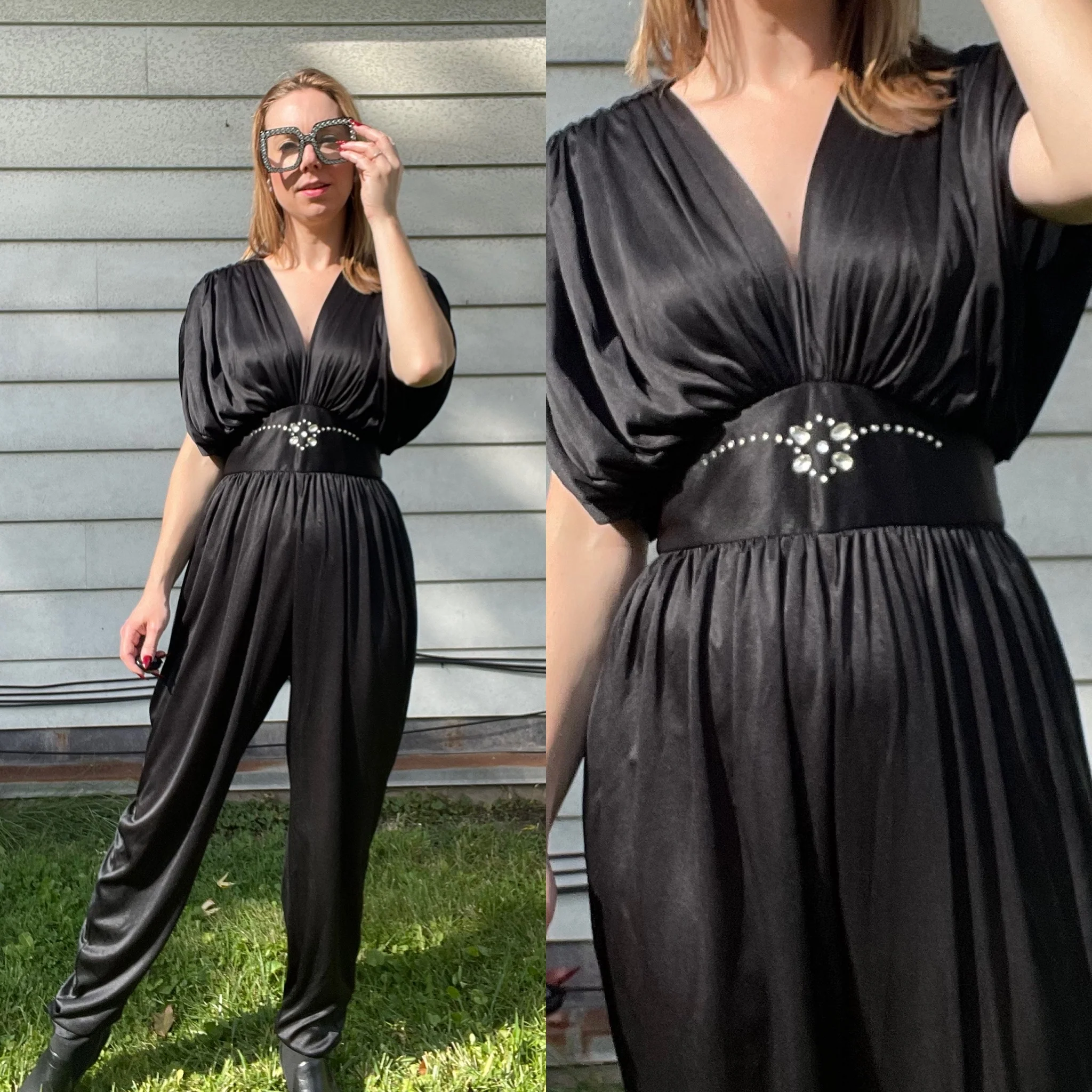 80s Vintage 80s Rhinestone Black Jumpsuit By Ellen Hart Originals - Image 3
