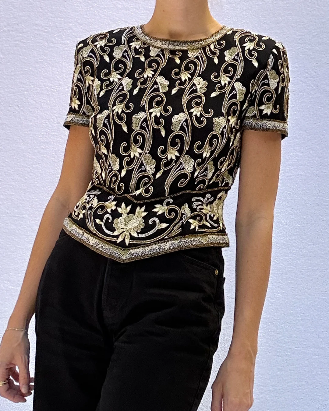 80s Vintage 80s Silk Beaded Croptop | Xs-m - Image 4
