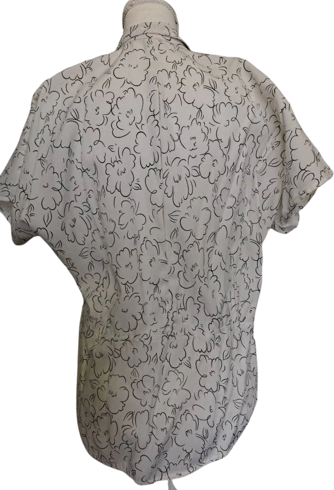 80s Artsy Black And White Sketch Floral Peplum Blouse - Image 2