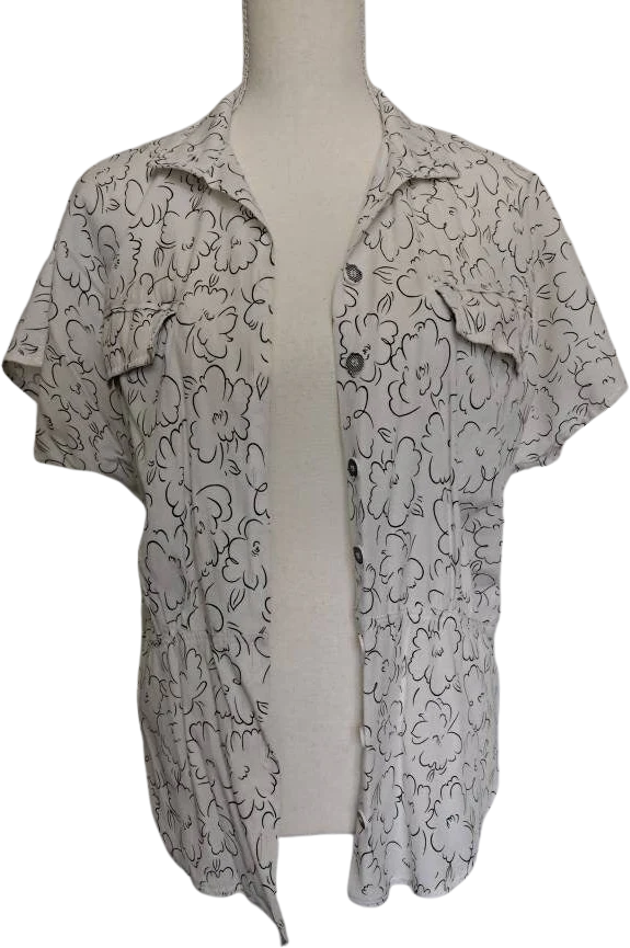 80s Artsy Black And White Sketch Floral Peplum Blouse - Image 3