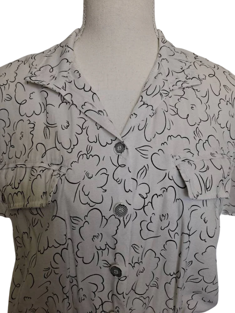 80s Artsy Black And White Sketch Floral Peplum Blouse - Image 4