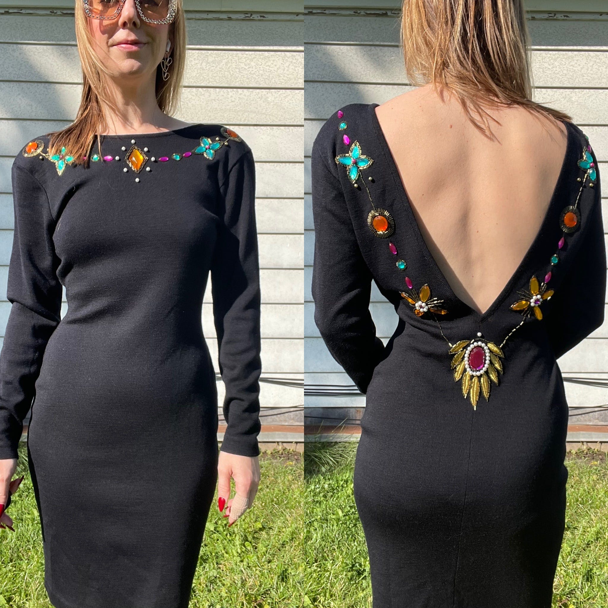 80s Vintage Bedazzled Wool Blend Sweater Dress By Fusion - Image 2