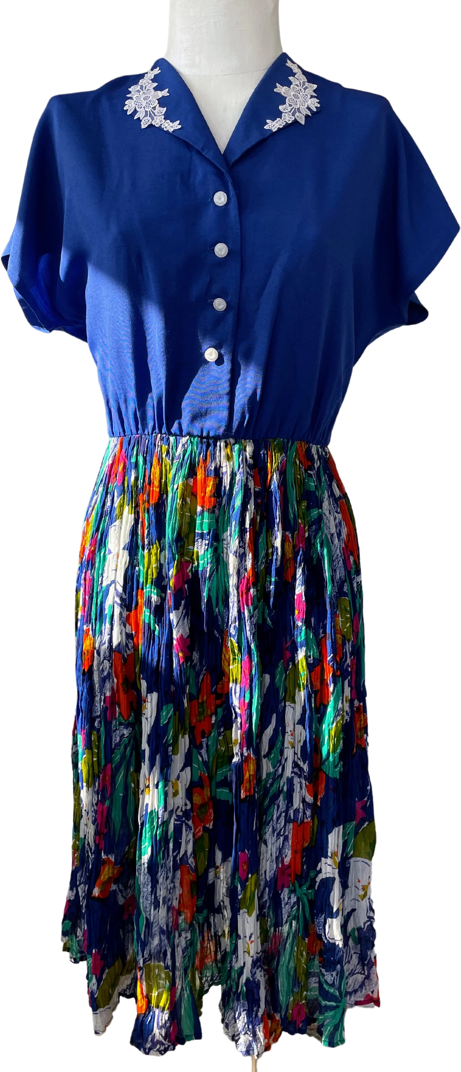 80s Vintage Blue Broom Stick Dress Xl Glass Buttons