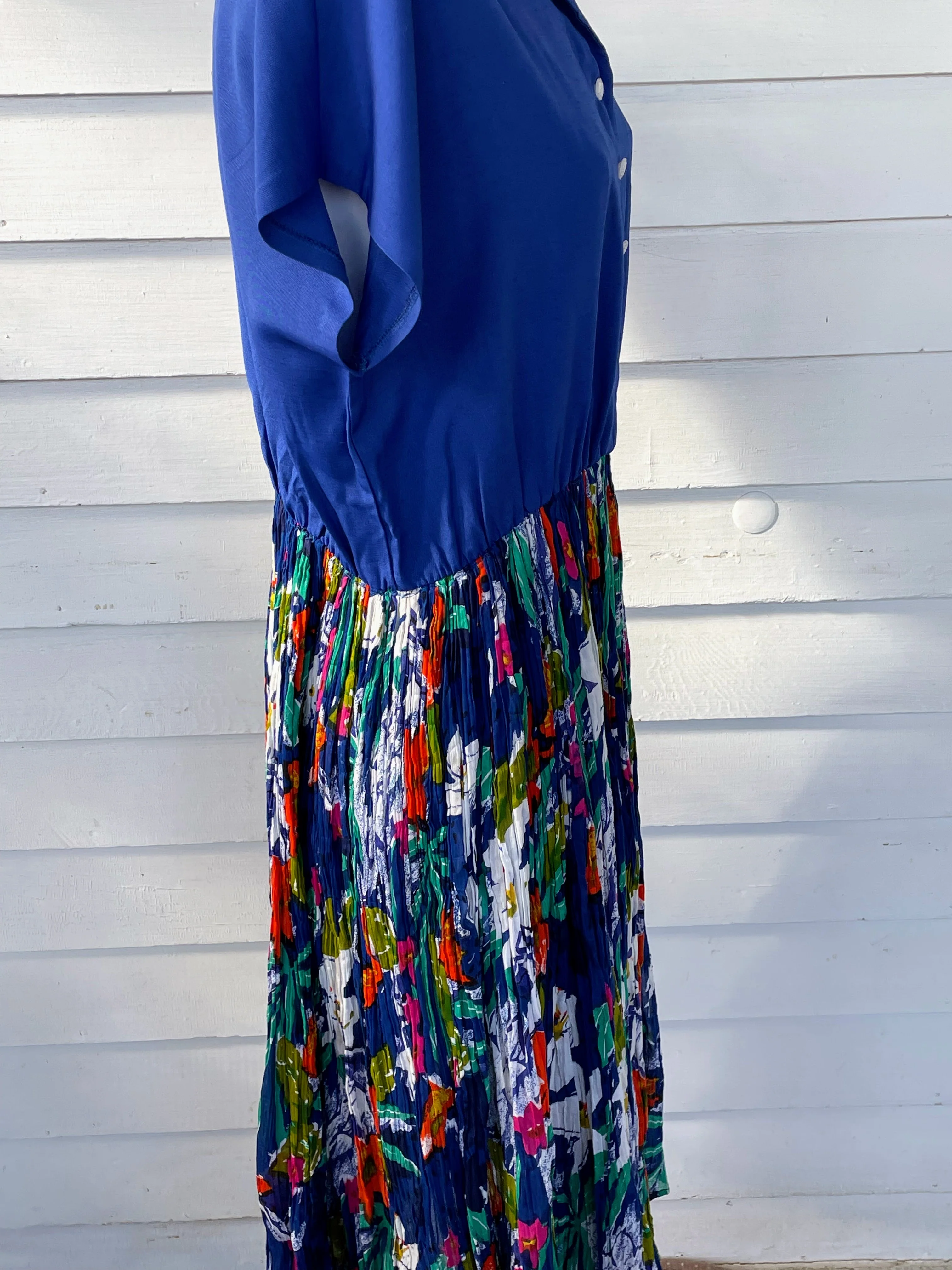 80s Vintage Blue Broom Stick Dress Xl Glass Buttons - Image 12