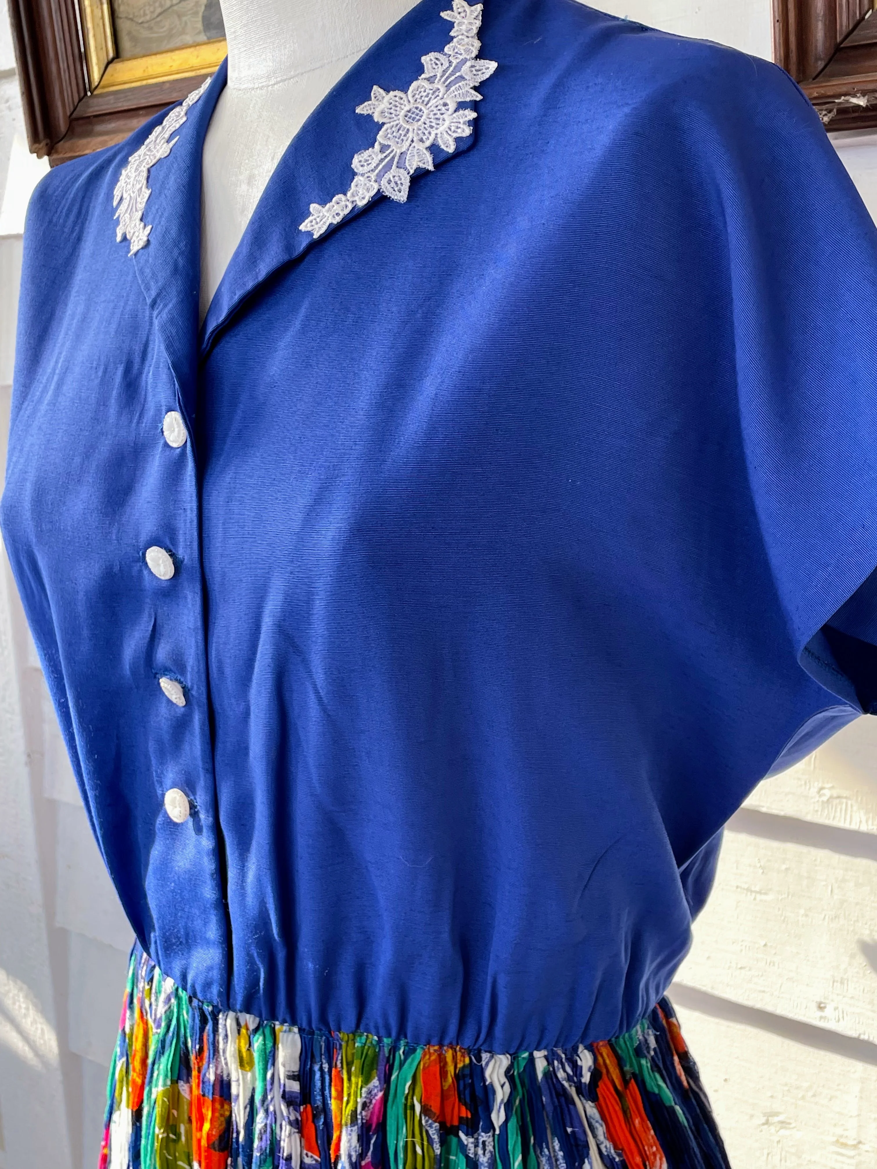 80s Vintage Blue Broom Stick Dress Xl Glass Buttons - Image 13