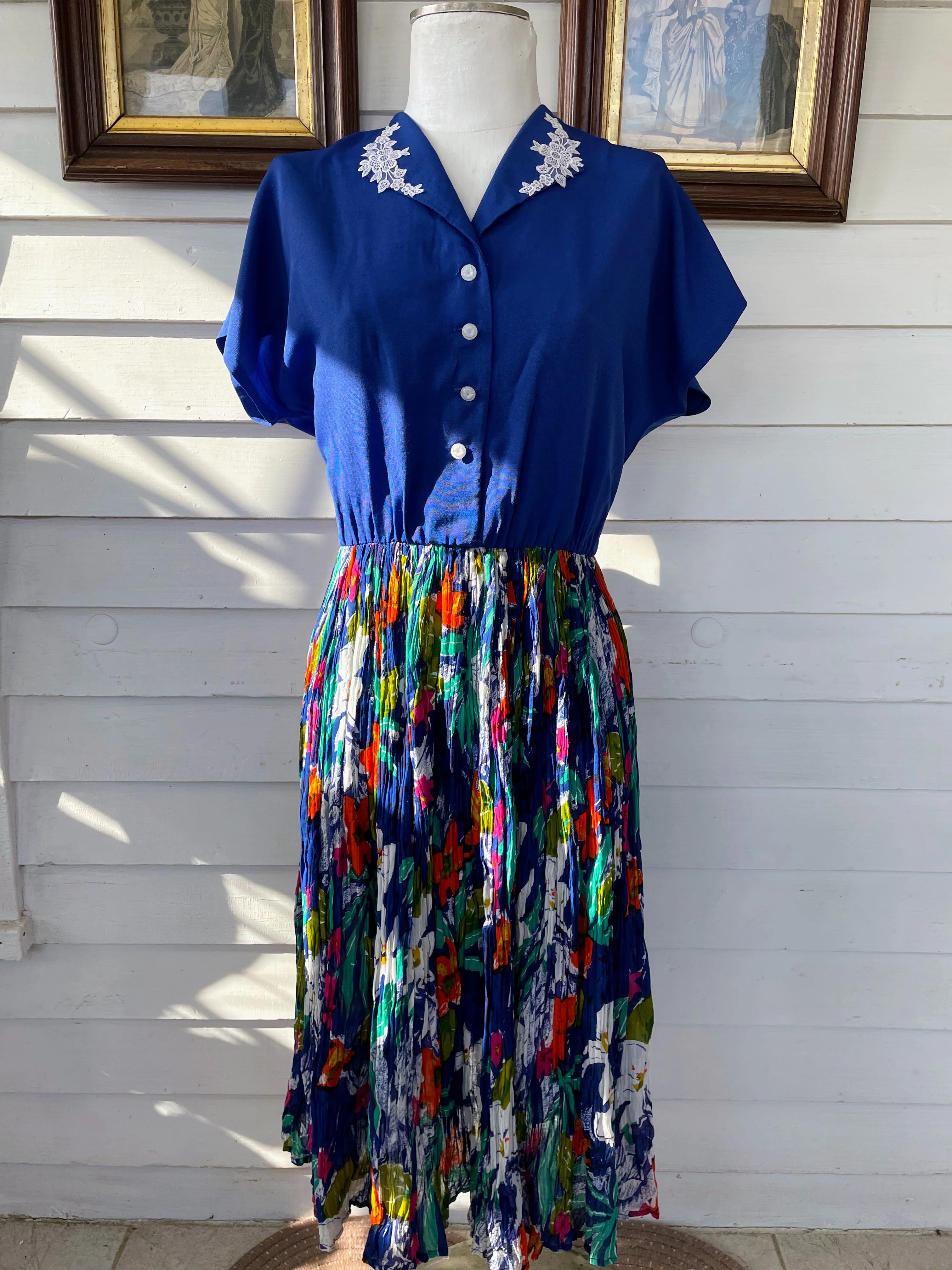 80s Vintage Blue Broom Stick Dress Xl Glass Buttons - Image 14