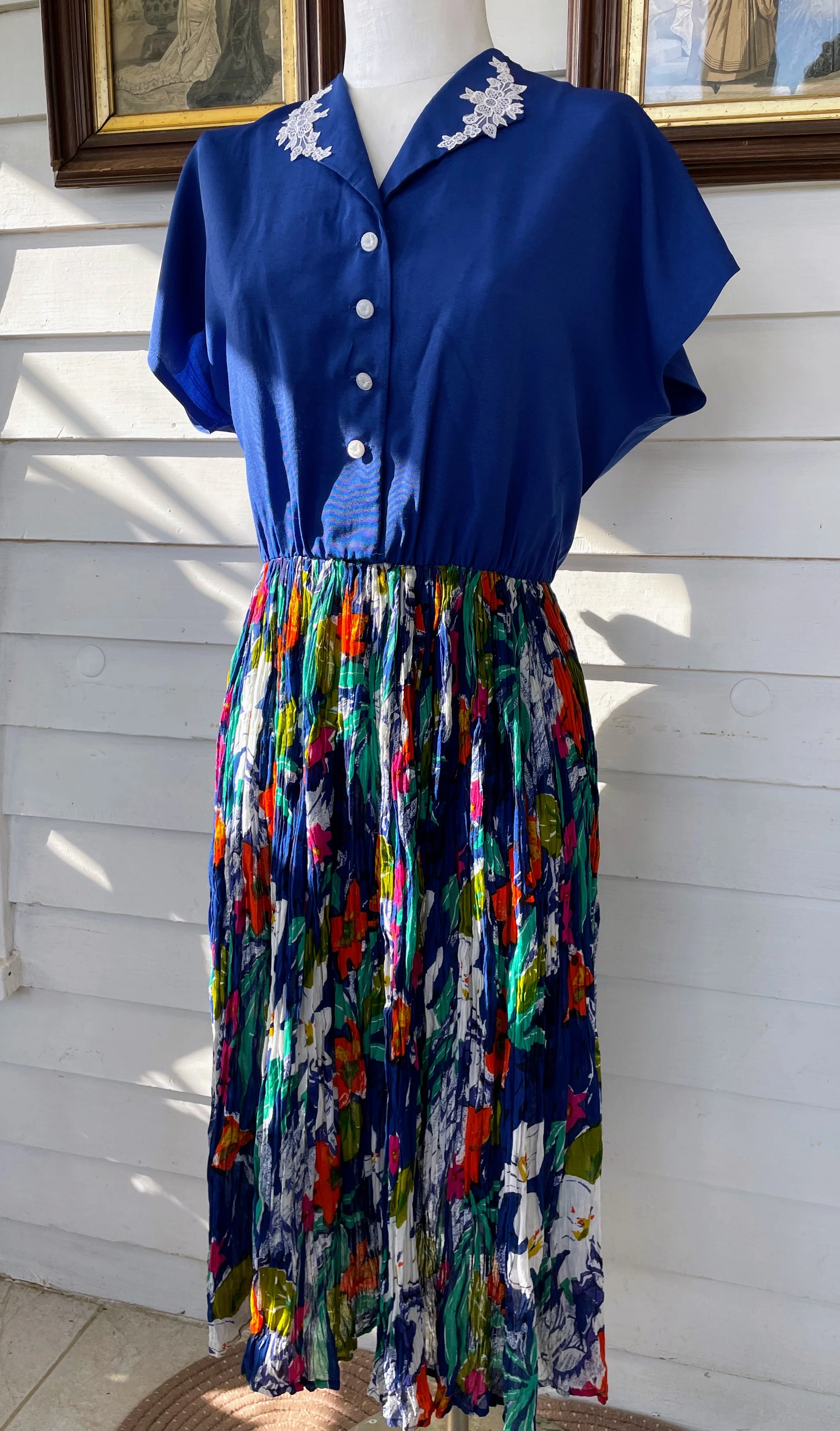 80s Vintage Blue Broom Stick Dress Xl Glass Buttons - Image 5