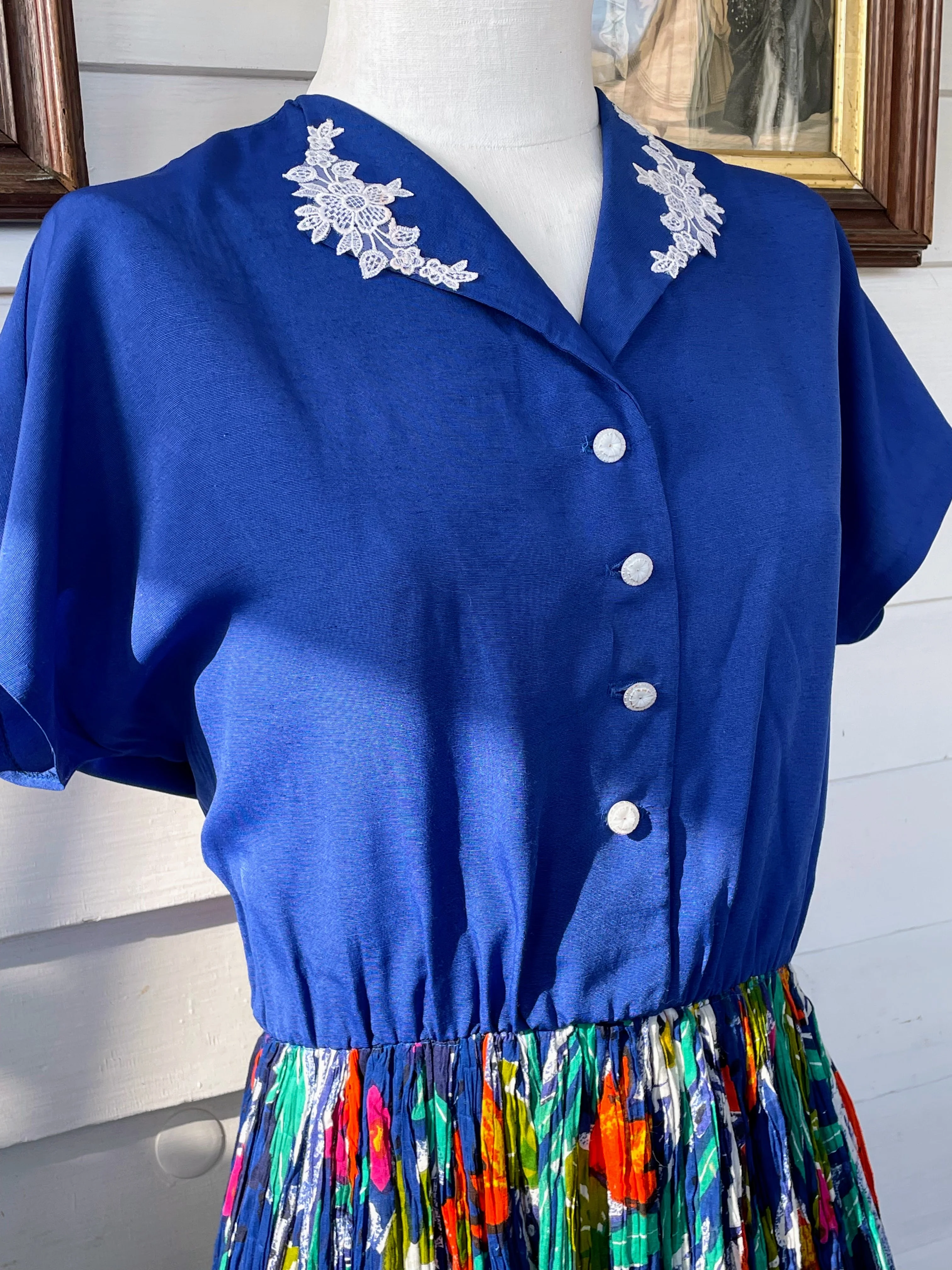 80s Vintage Blue Broom Stick Dress Xl Glass Buttons - Image 6