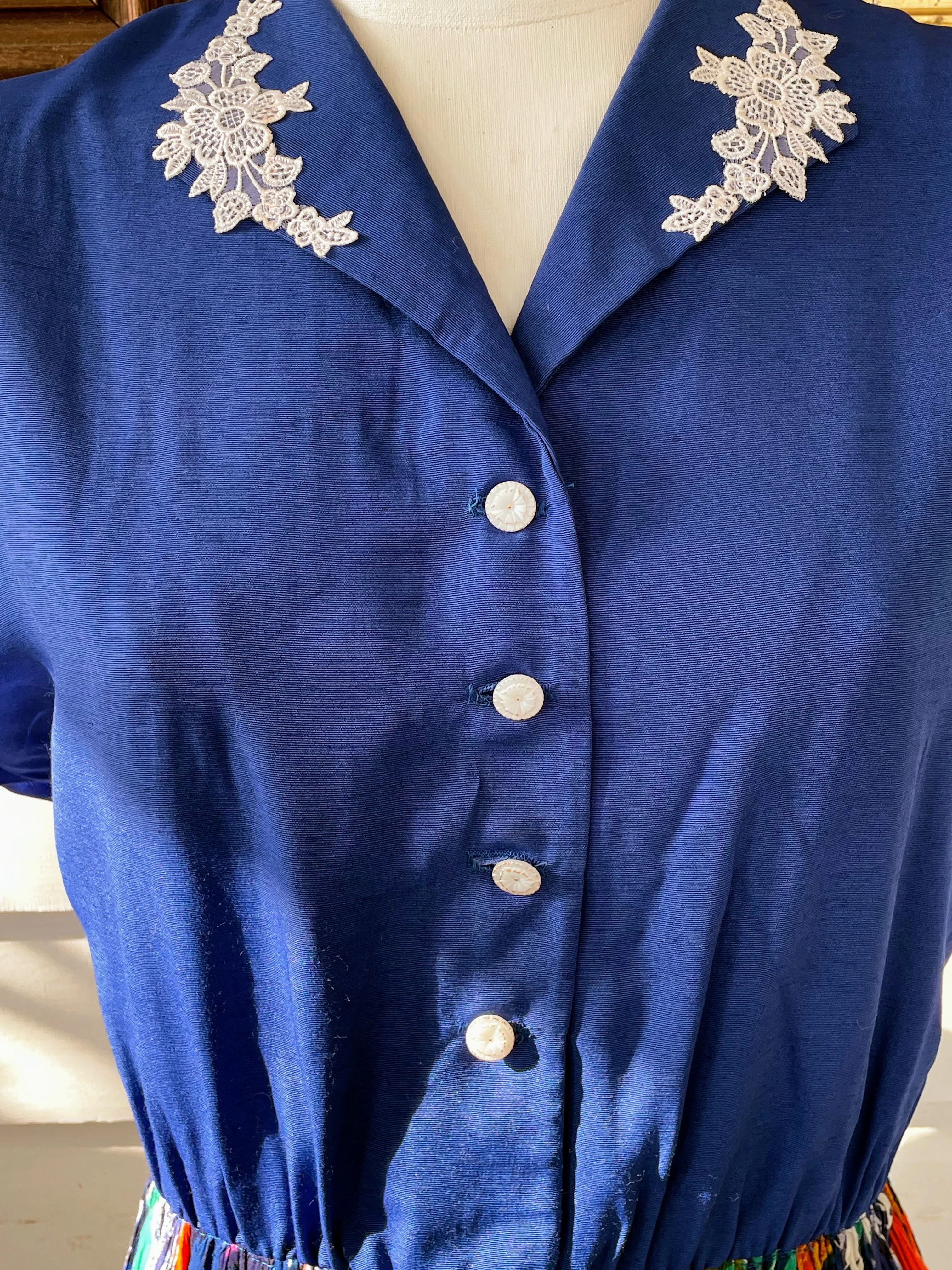 80s Vintage Blue Broom Stick Dress Xl Glass Buttons - Image 7