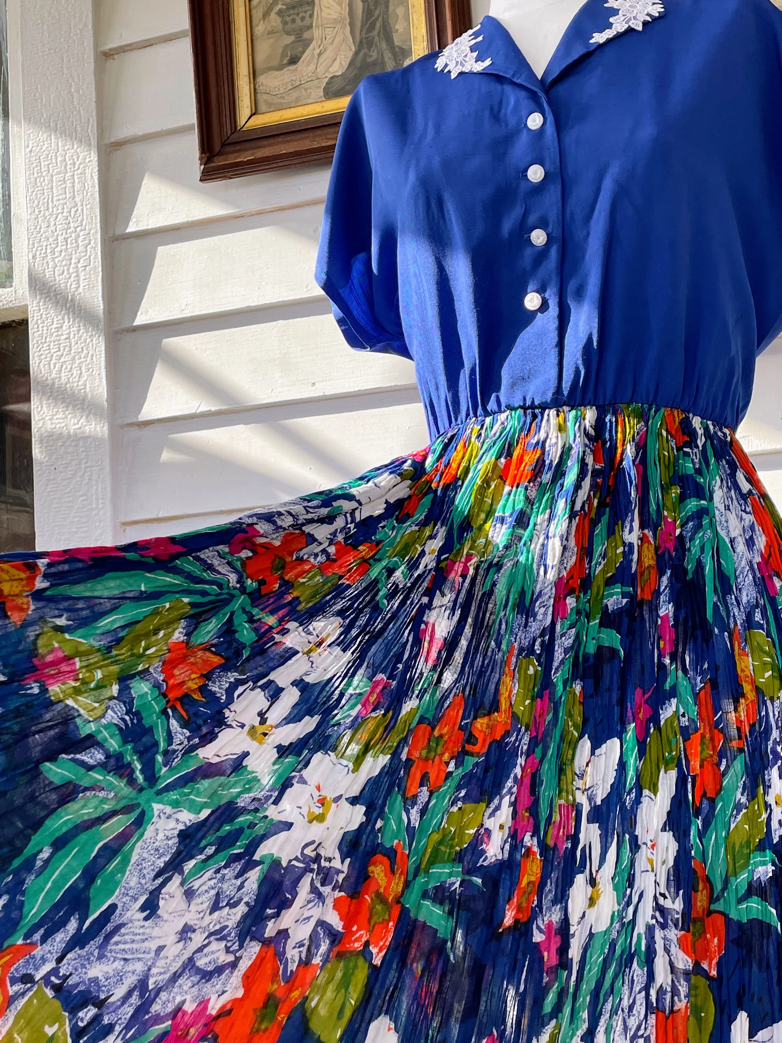 80s Vintage Blue Broom Stick Dress Xl Glass Buttons - Image 9