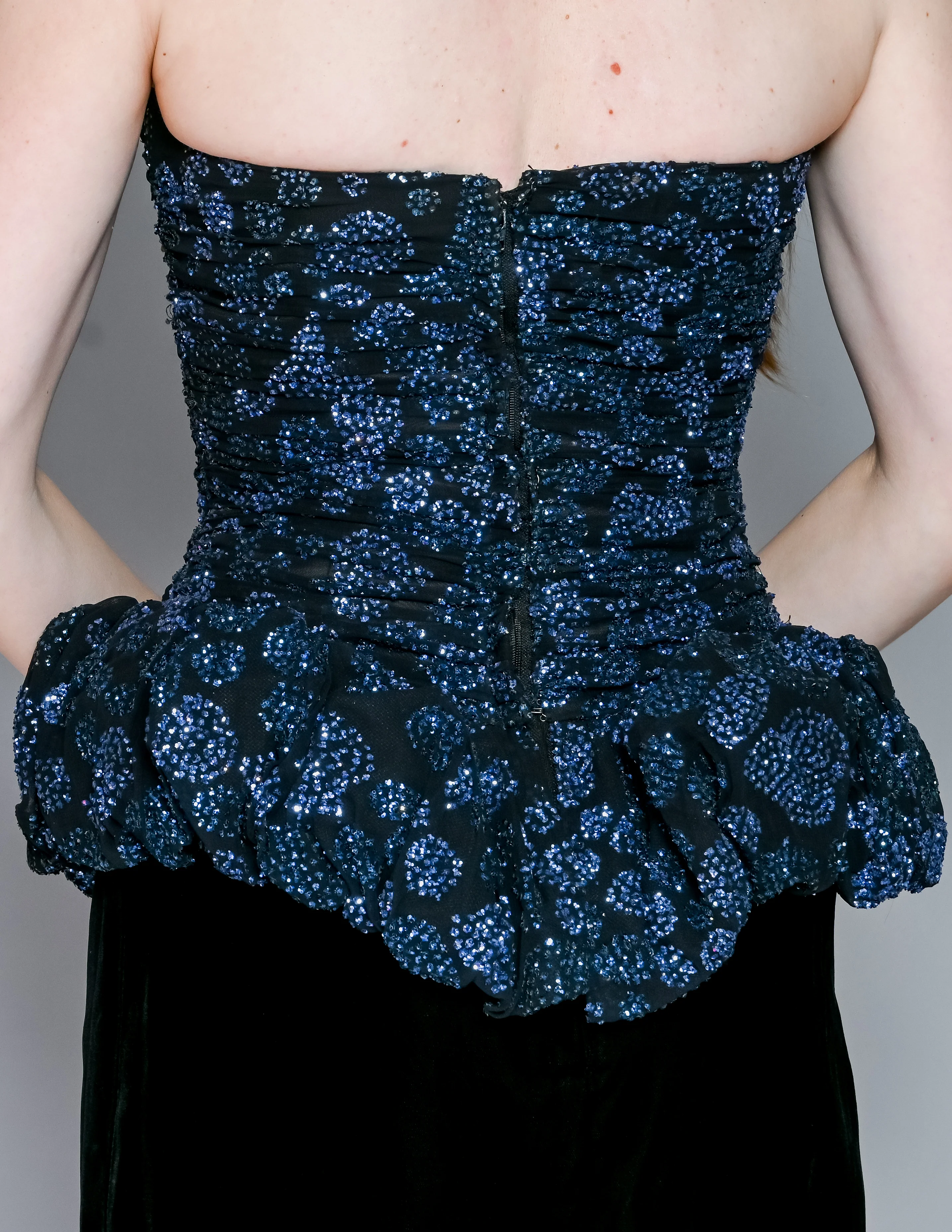 80s Vintage Blue Glitter Puff Velvet Peplum Dress By Victor Costa - Image 8