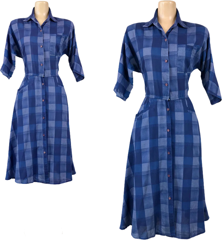 80s Vintage Blue Plaid Shirt Waist Dress Size 7 By We 3 It!