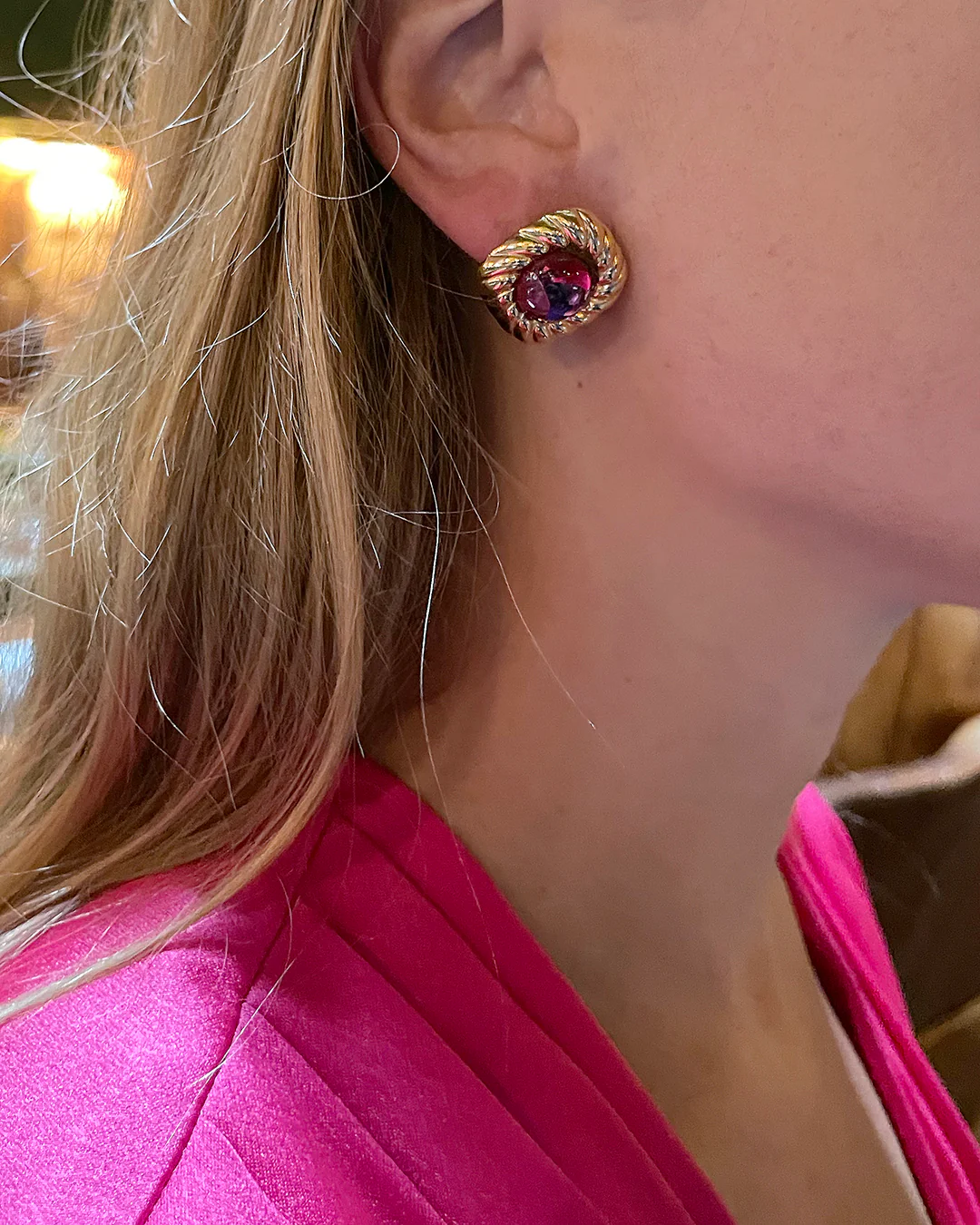 80s Vintage Cabochon Tourmeline Glass Earrings - Image 4