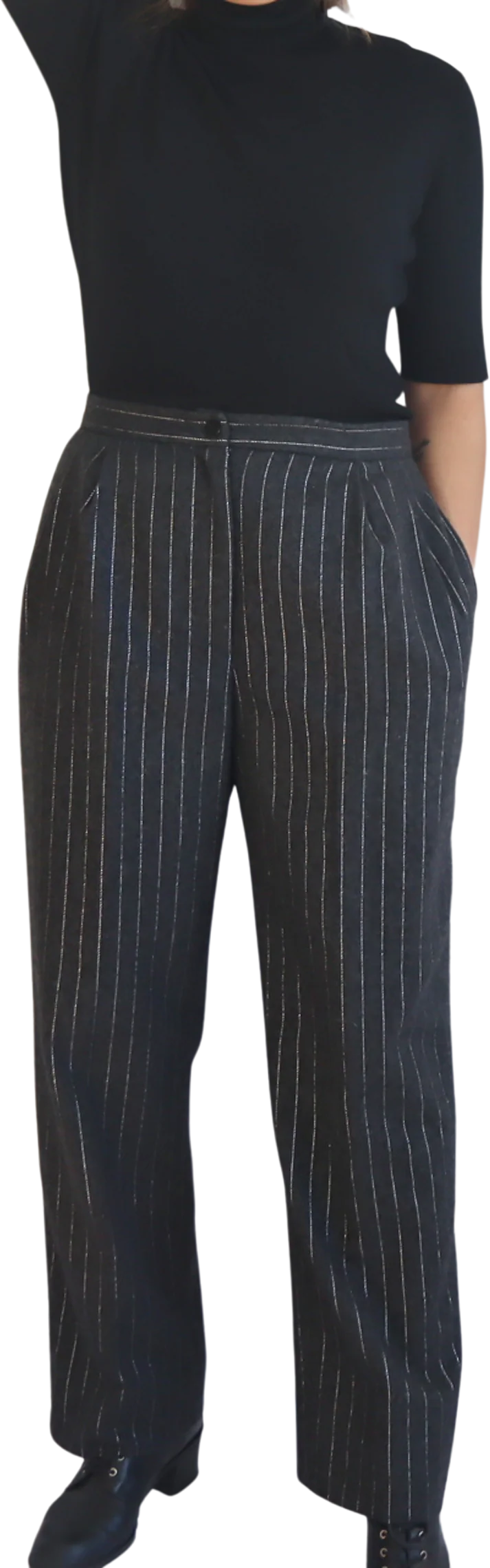 80s Charcoal Gray And Silver Striped Trousers By Cenno