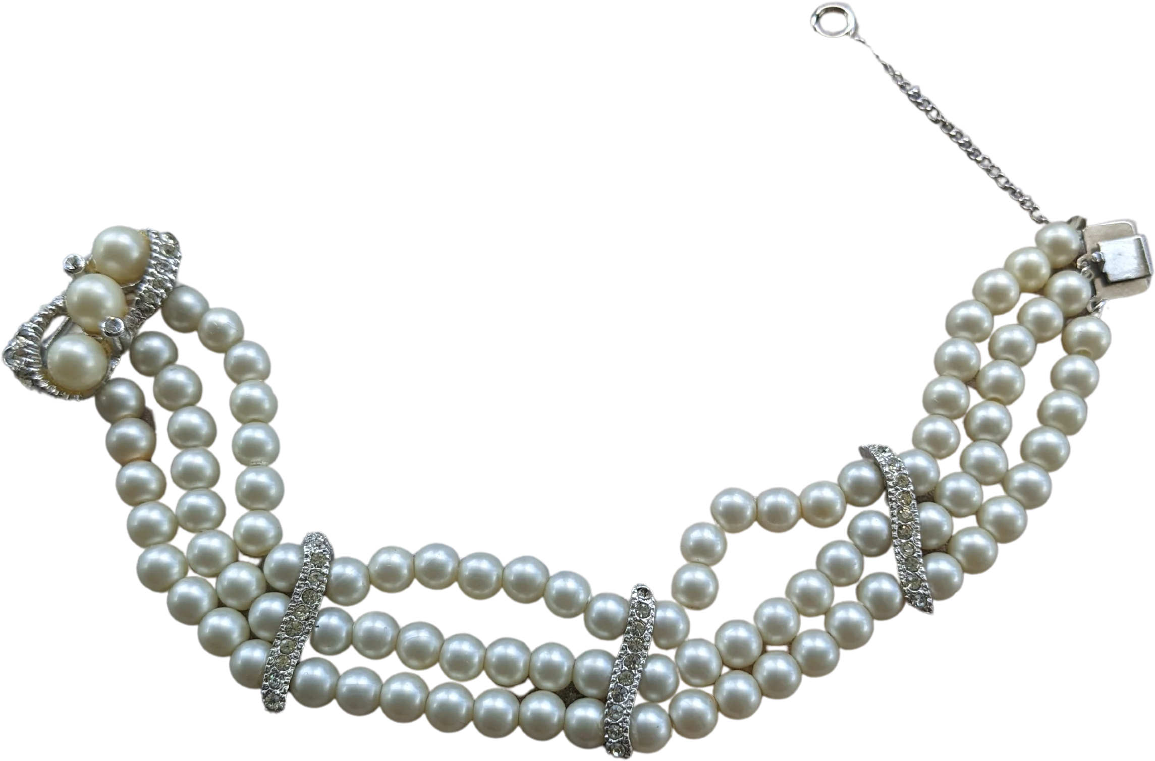 80s Vintage Faux Pearl Rhinestone 3 Strand Bracelet