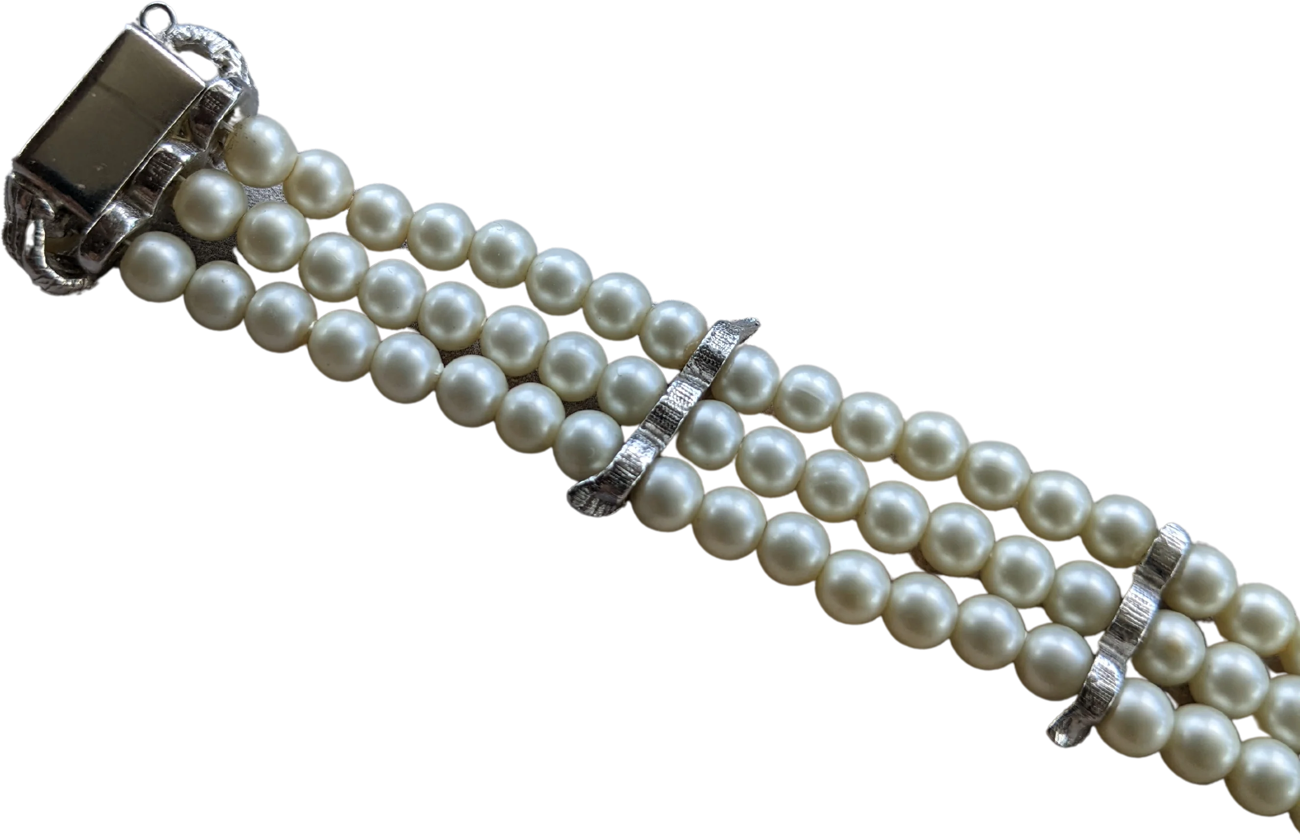 80s Vintage Faux Pearl Rhinestone 3 Strand Bracelet - Image 2