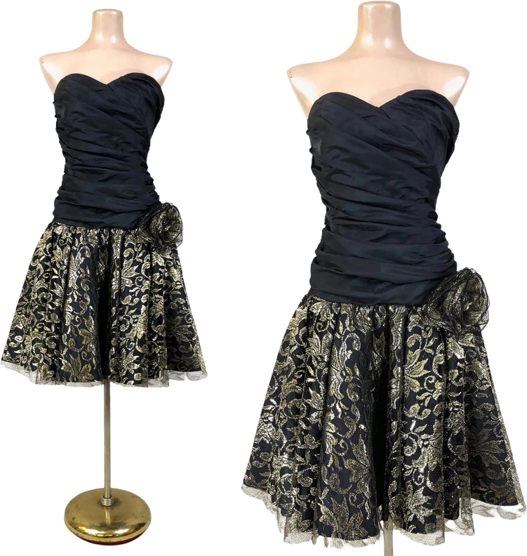 80s Vintage Gold Lace Strapless Bustier Party Dress By Stenay