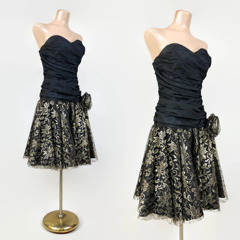 80s Vintage Gold Lace Strapless Bustier Party Dress By Stenay - Image 6