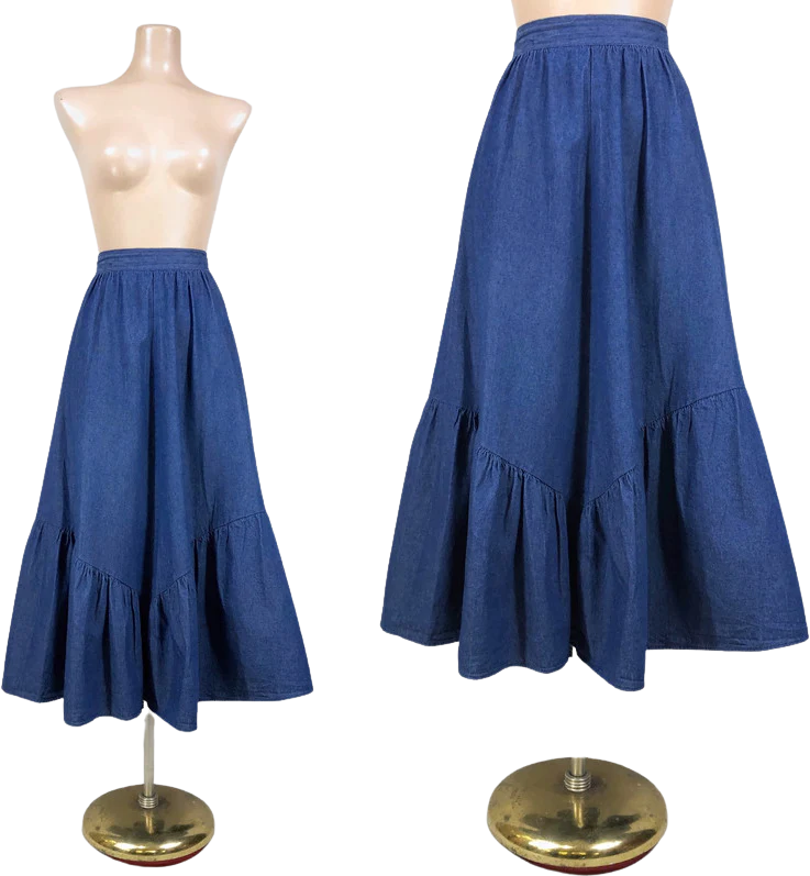 80s Vintage Long Full Denim Ruffle Hem Jean Skirt By Kayo of California