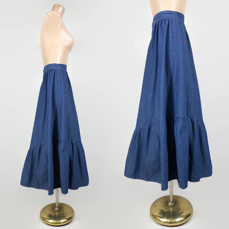 80s Vintage Long Full Denim Ruffle Hem Jean Skirt By Kayo of California - Image 6