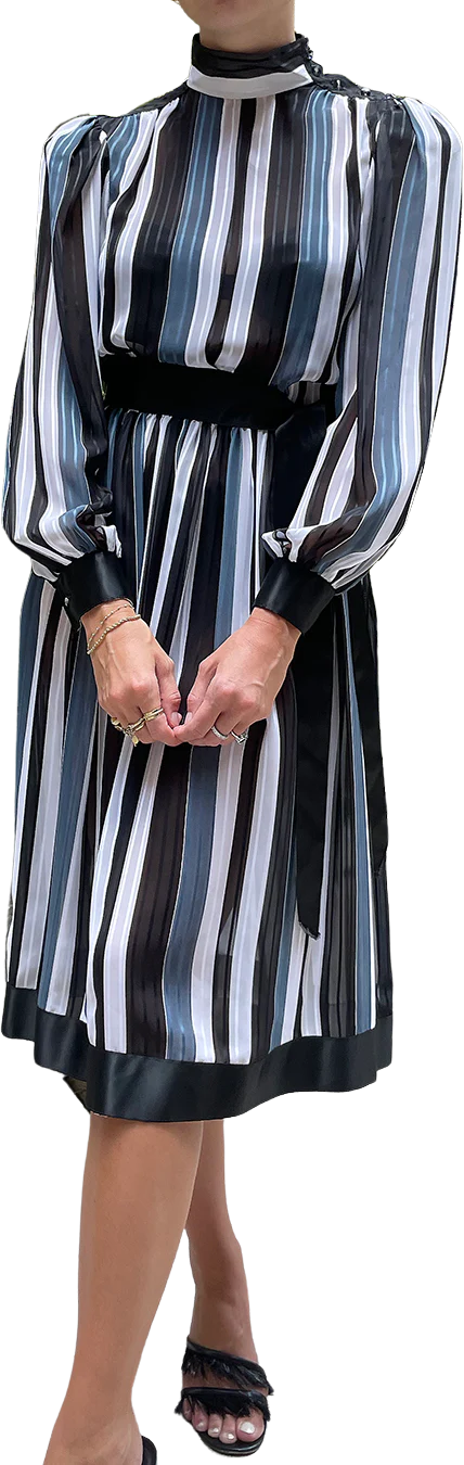 80s Vintage Long Sleeve Striped Chiffon Dress | S-m - Image 2