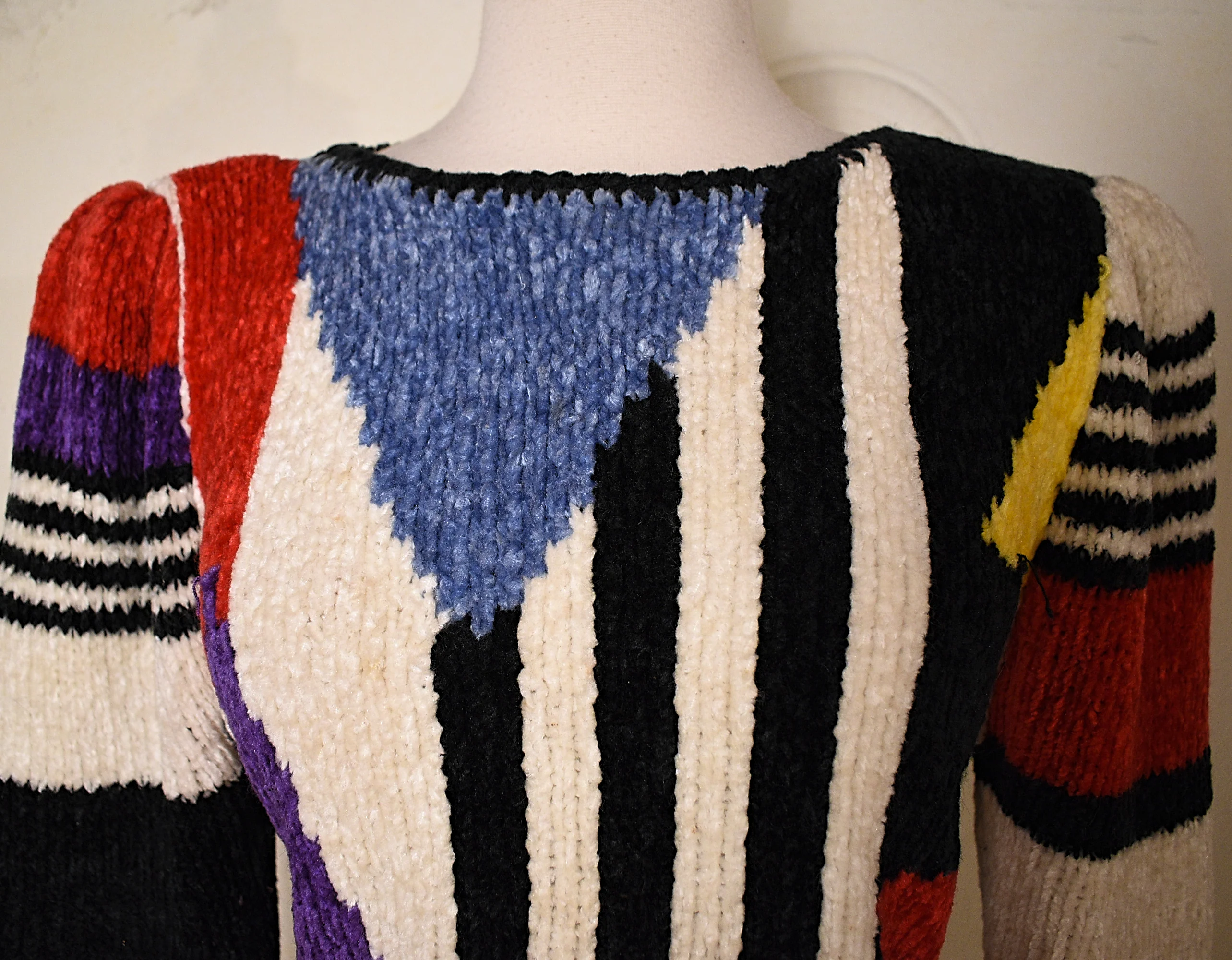 80s Vintage New Wave Puff Sleeve Chenille Sweater By Bonnie & Bill - Image 3