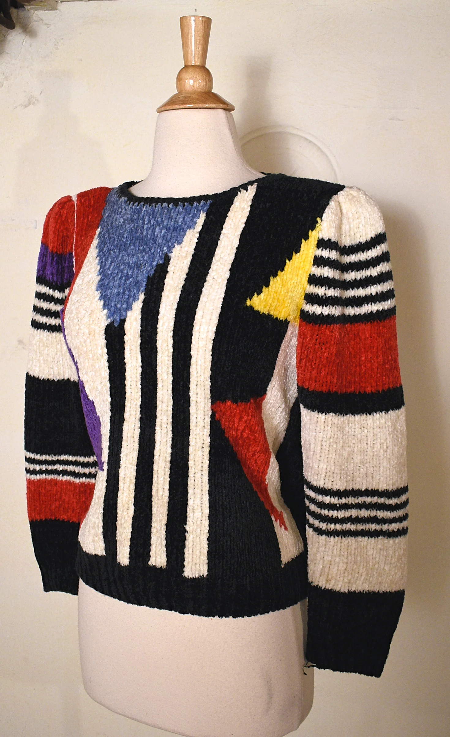 80s Vintage New Wave Puff Sleeve Chenille Sweater By Bonnie & Bill - Image 4