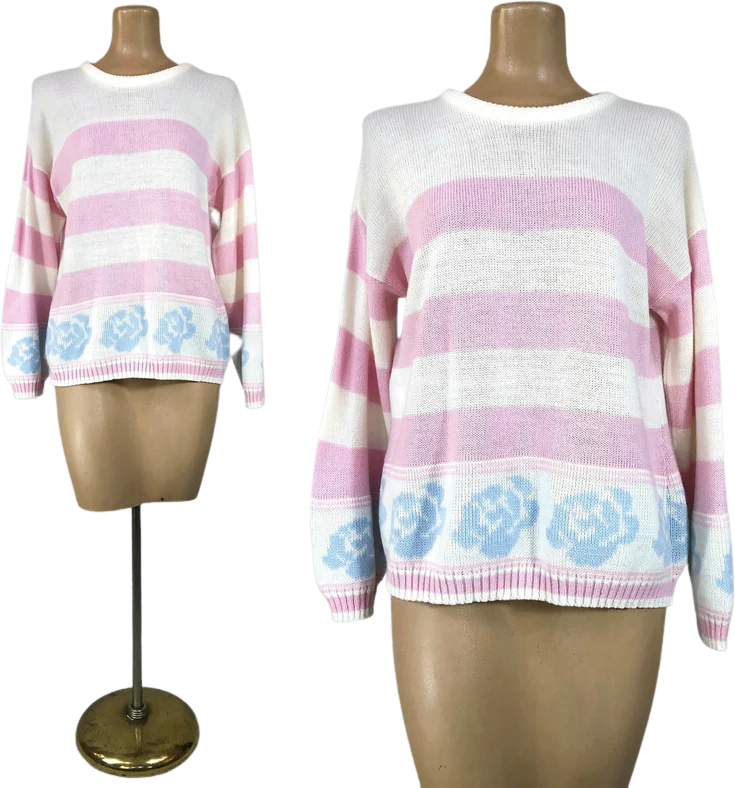 80s Vintage Pastel Blue Roses And Pink Striped Sweater