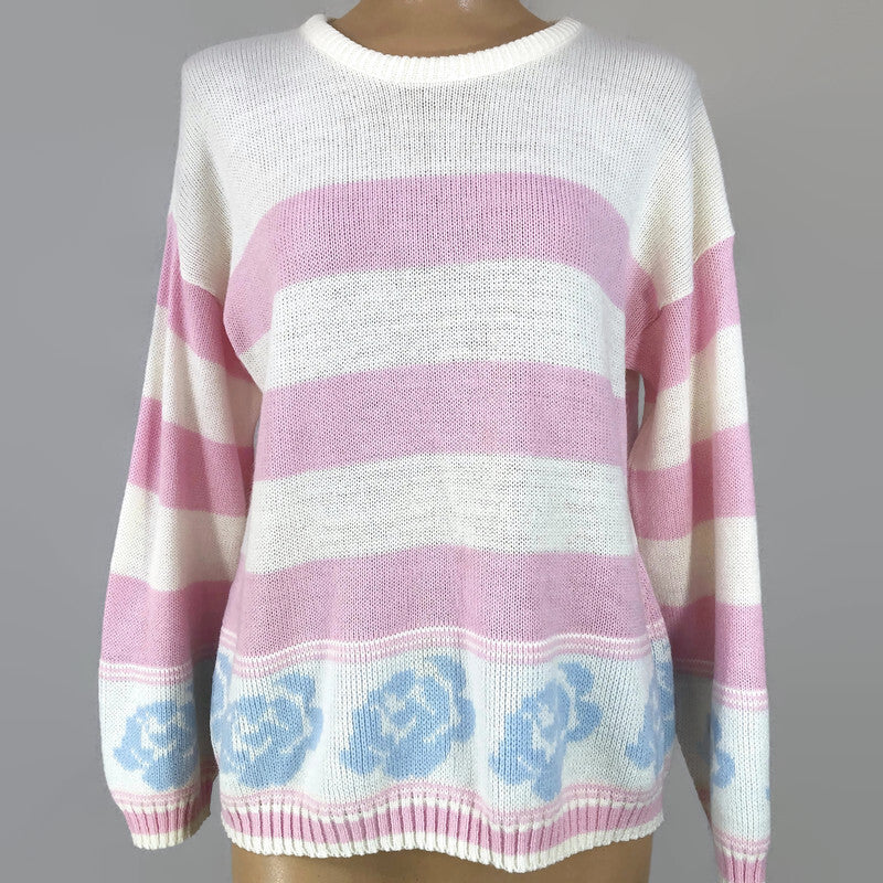80s Vintage Pastel Blue Roses And Pink Striped Sweater - Image 4