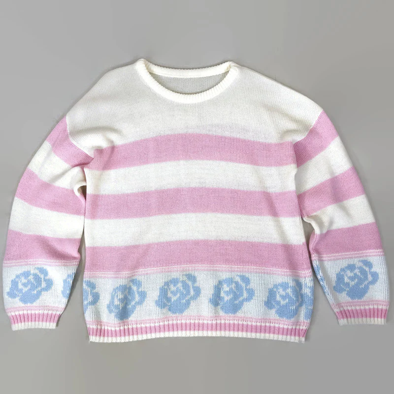 80s Vintage Pastel Blue Roses And Pink Striped Sweater - Image 5