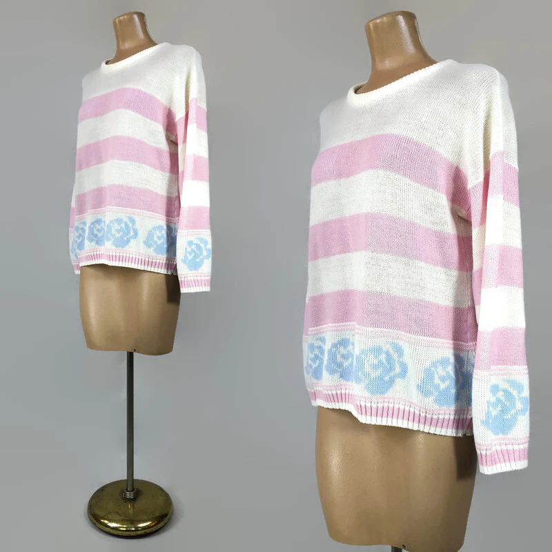 80s Vintage Pastel Blue Roses And Pink Striped Sweater - Image 7