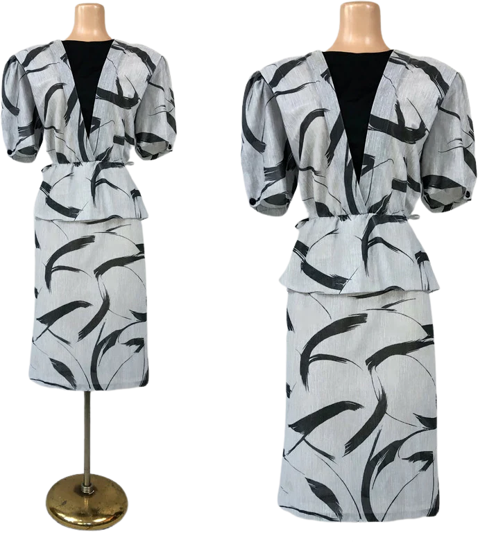 80s Vintage Peplum Dress Brush Stroke Print By Frederick's of Hollywood