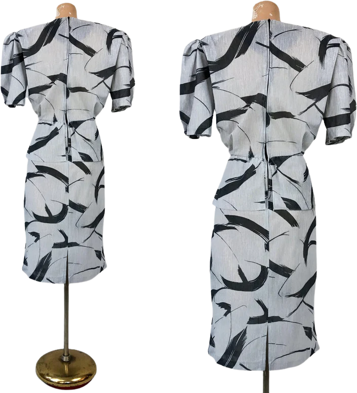 80s Vintage Peplum Dress Brush Stroke Print By Frederick's of Hollywood - Image 2