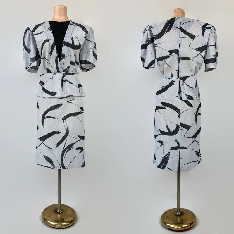 80s Vintage Peplum Dress Brush Stroke Print By Frederick's of Hollywood - Image 3