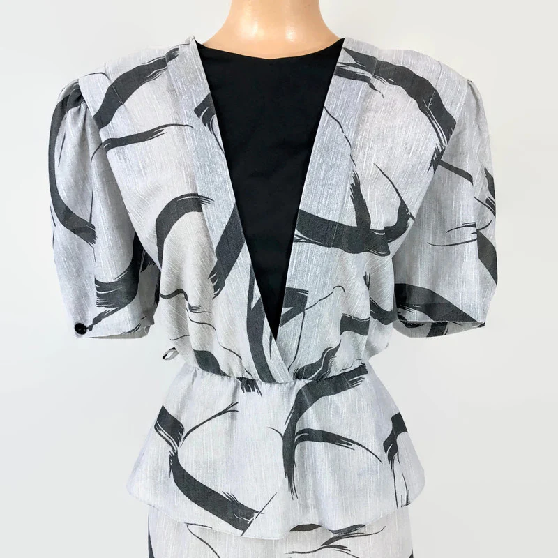 80s Vintage Peplum Dress Brush Stroke Print By Frederick's of Hollywood - Image 4