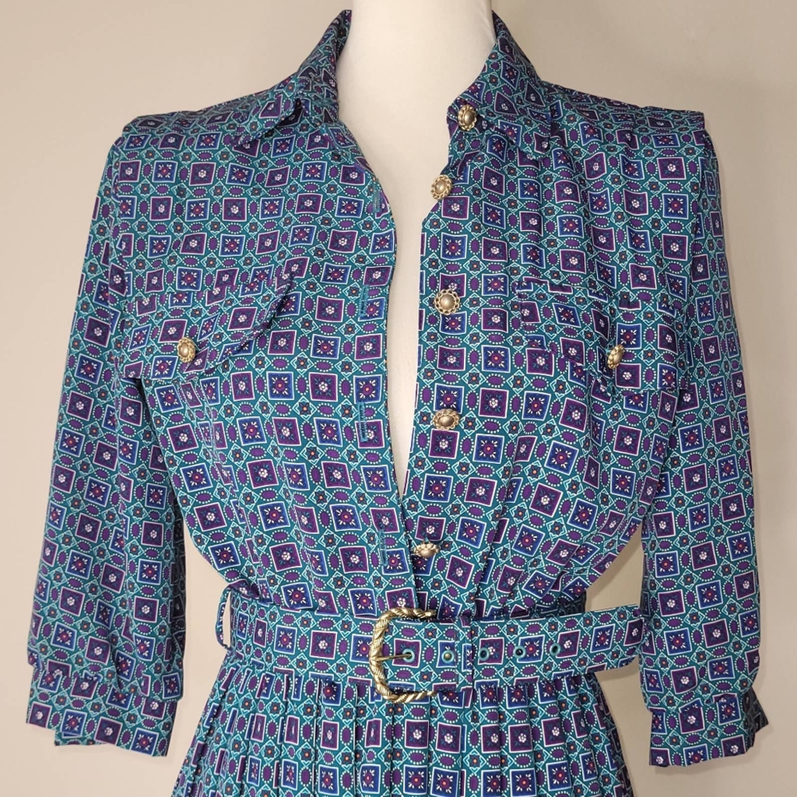 80s Vintage Turquoise Print Pleated Collared Belted Dress by Breli Originals - Image 6