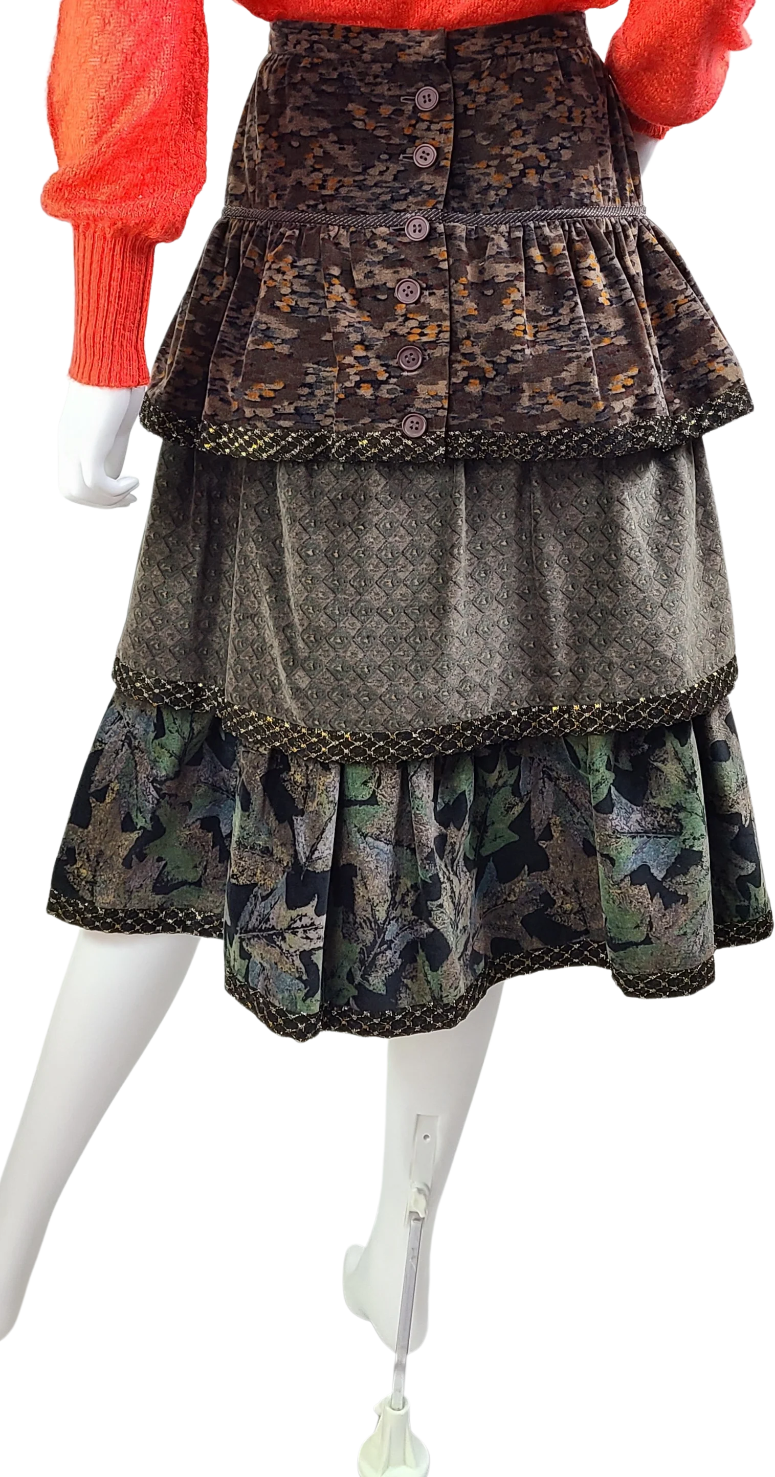 80s Vintage Velour Autumn Abstract Tiered Skirt Leaves By Koos Van Den Akker - Image 2