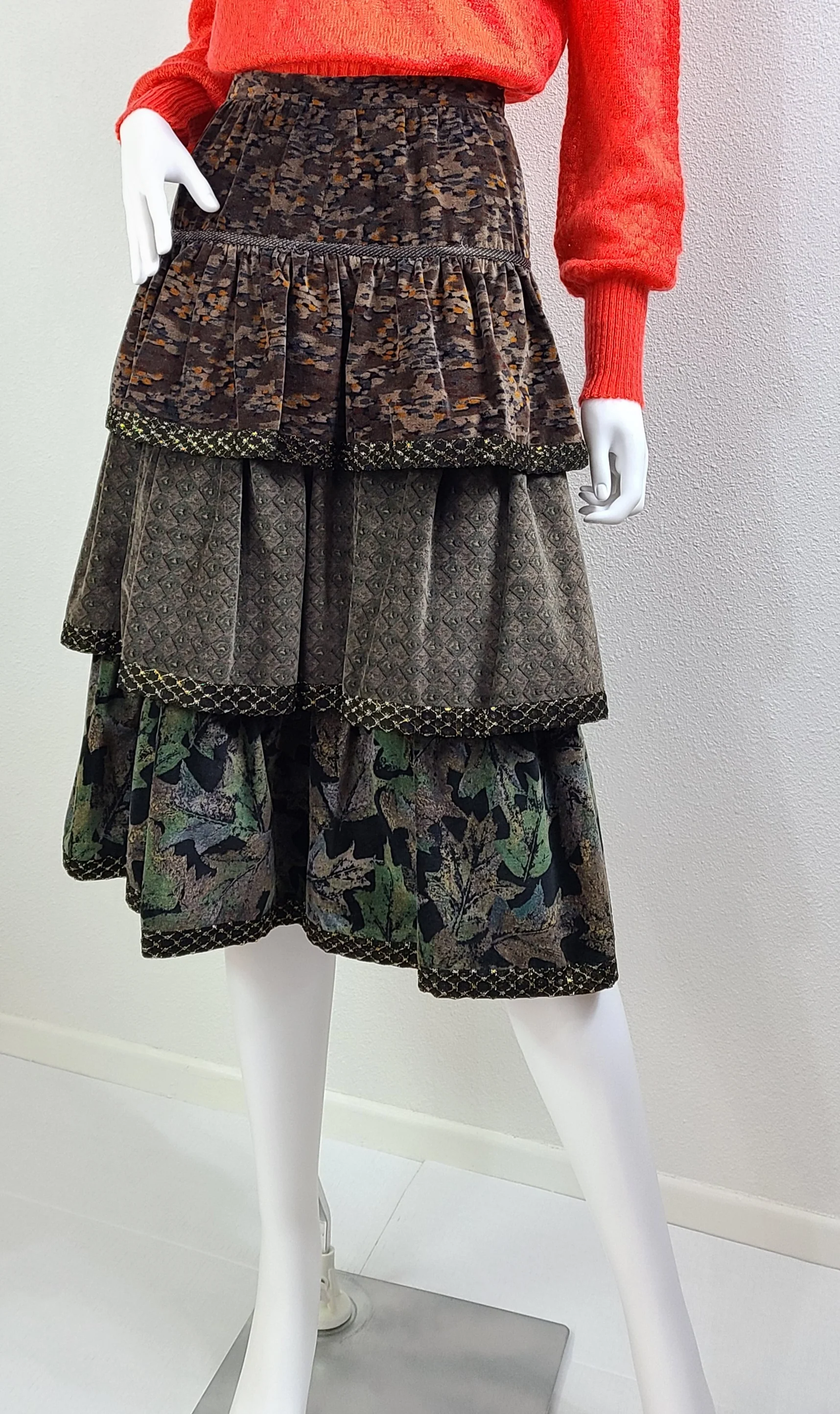 80s Vintage Velour Autumn Abstract Tiered Skirt Leaves By Koos Van Den Akker - Image 3