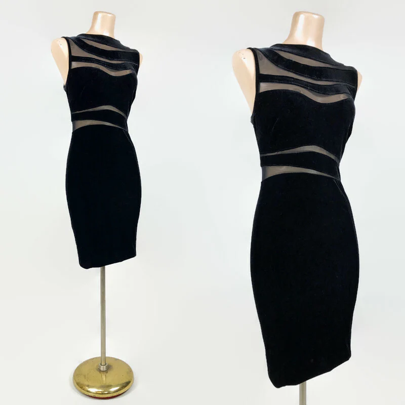 80s Vintage Velvet And Peek-a-boo Mesh Cocktail Dress By Tadashi - Image 5